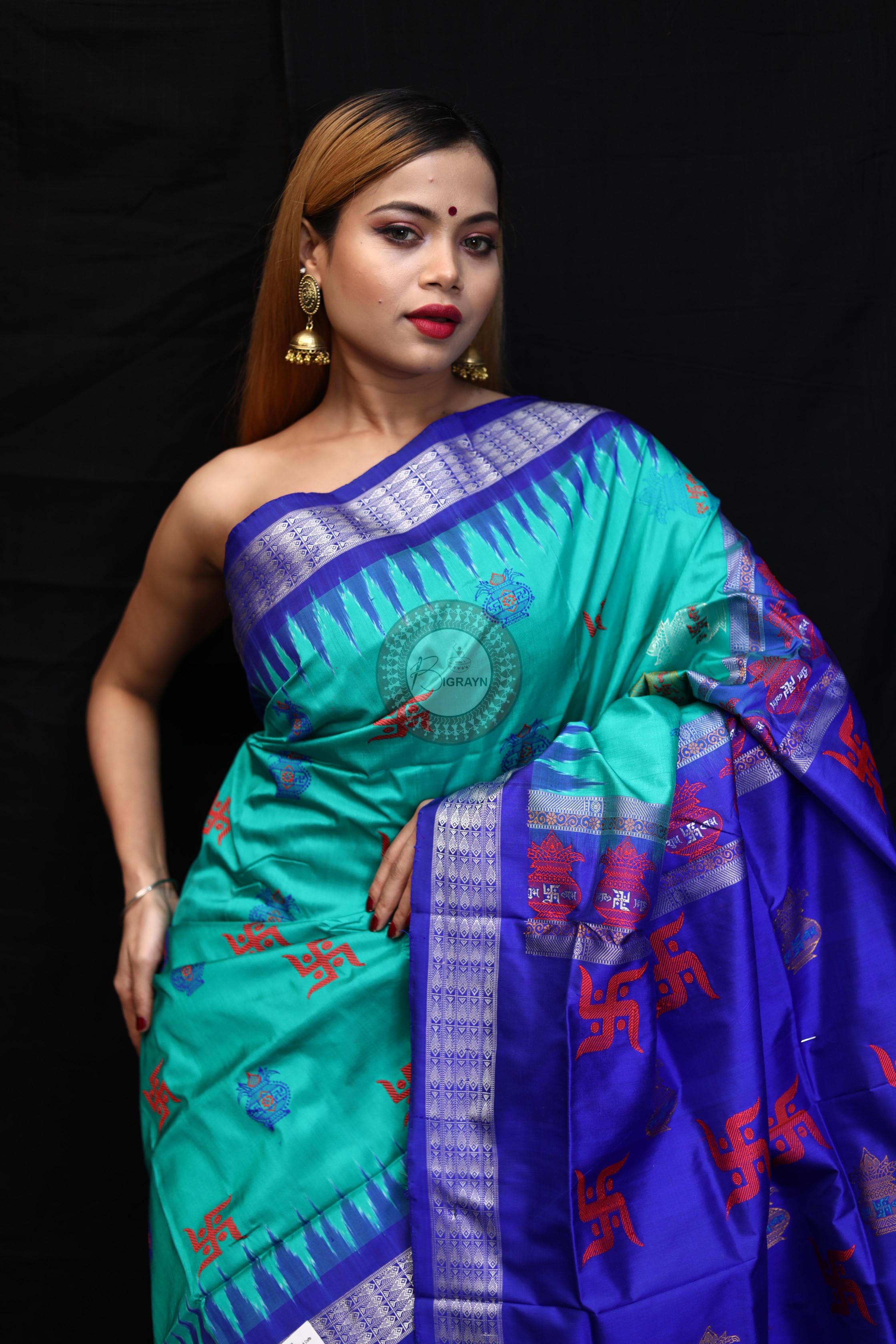 Sea Green Blue Swastik Kalashi Bomkai Silk Saree