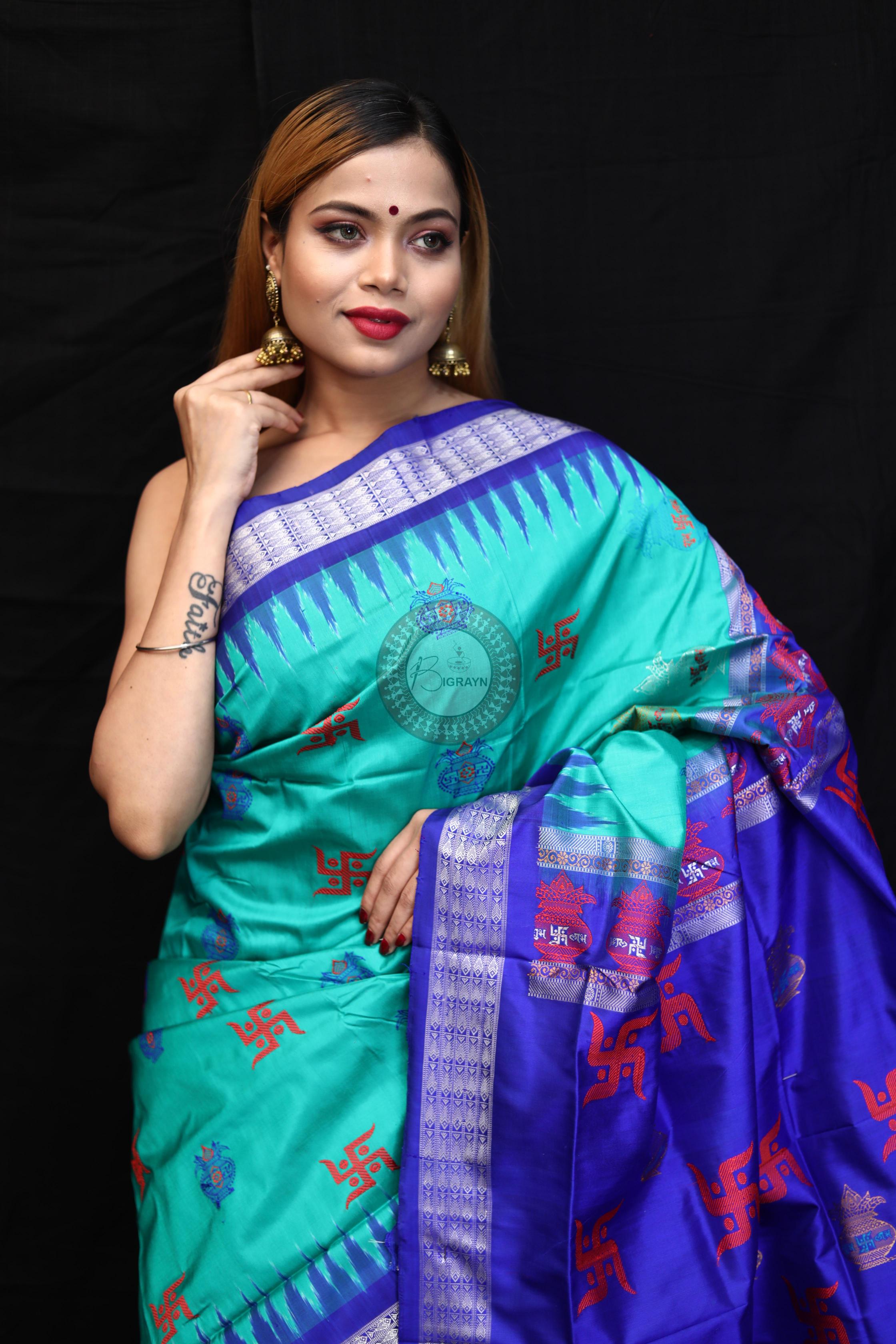 Sea Green Blue Swastik Kalashi Bomkai Silk Saree