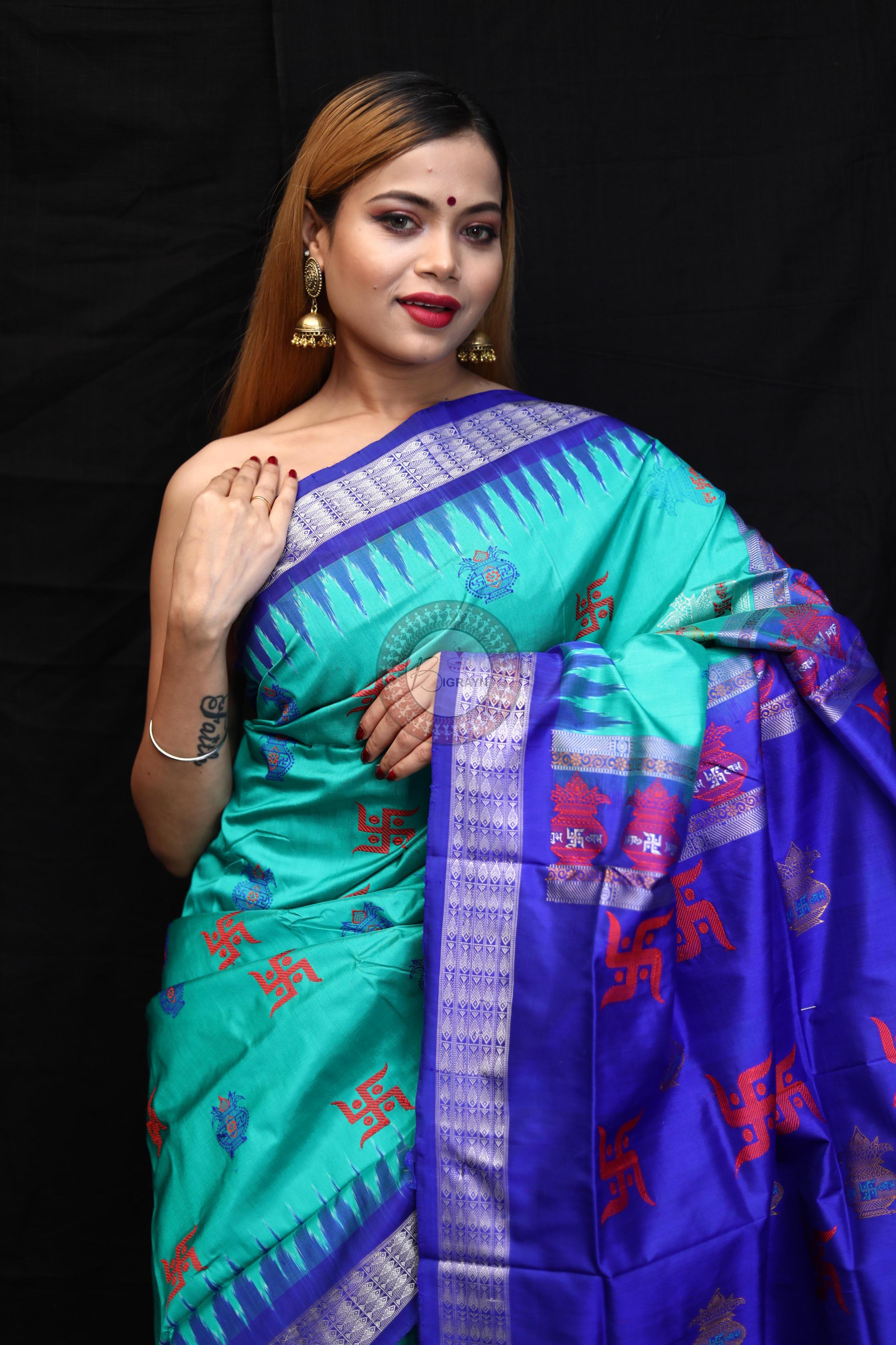 Sea Green Blue Swastik Kalashi Bomkai Silk Saree