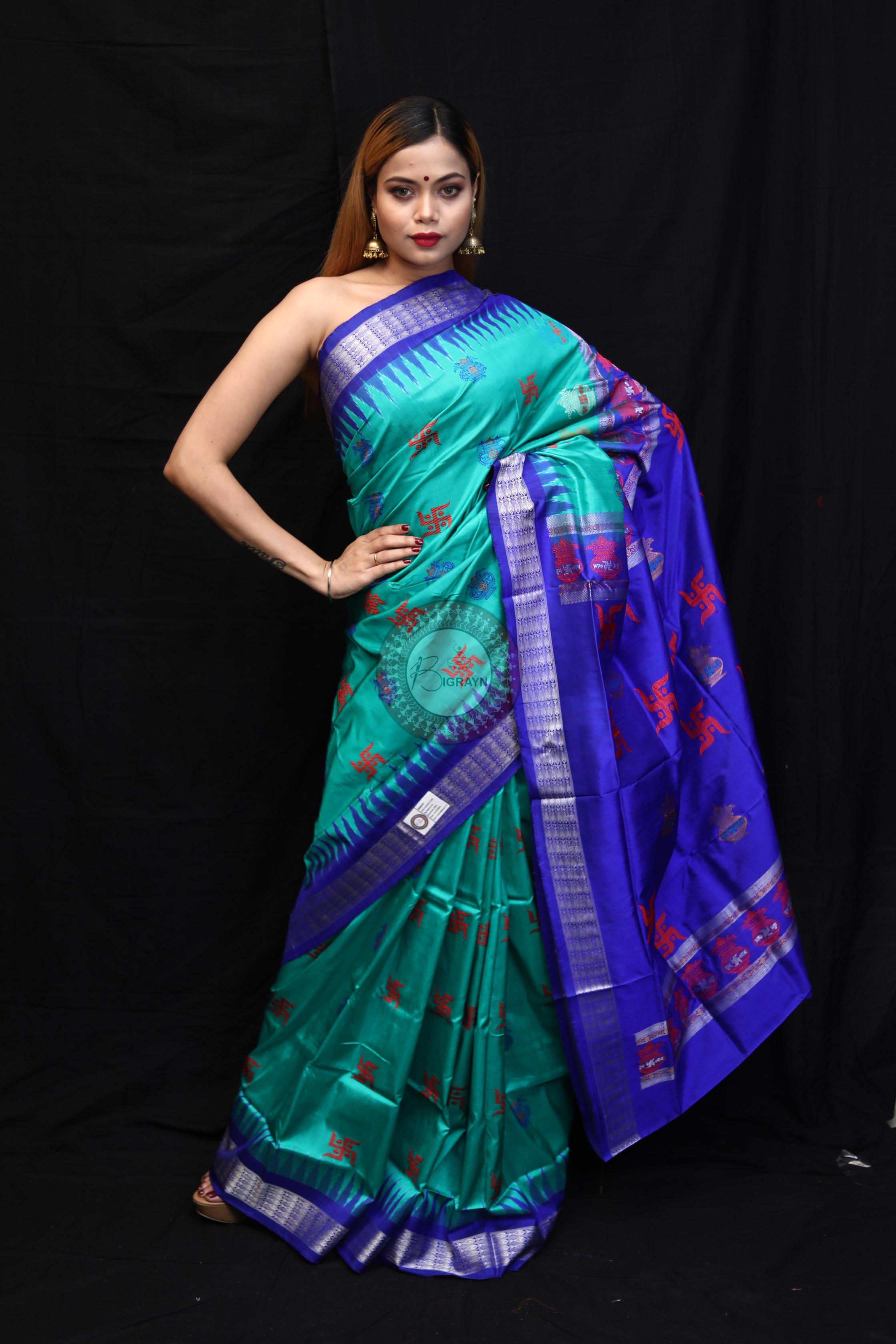 Sea Green Blue Swastik Kalashi Bomkai Silk Saree