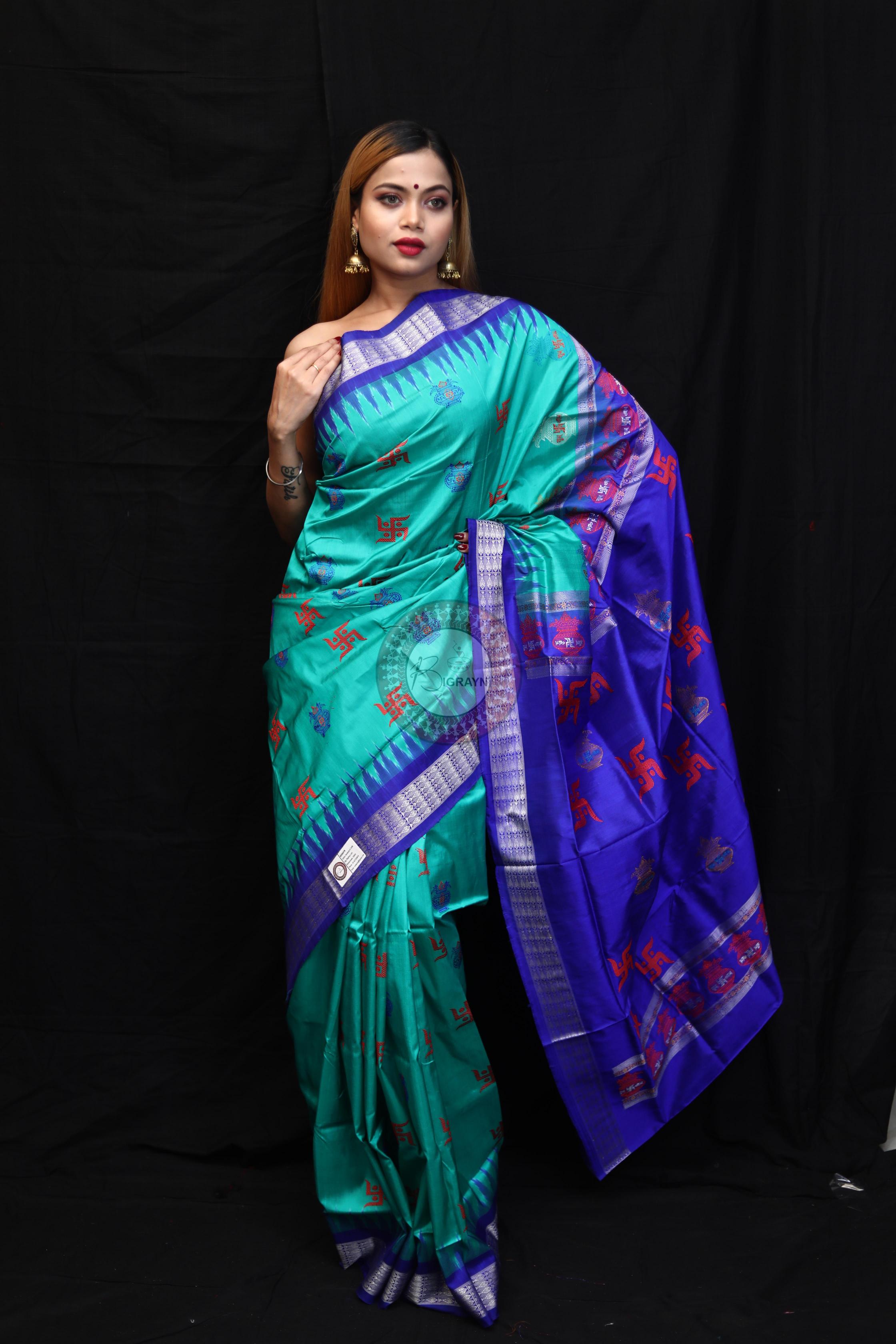 Sea Green Blue Swastik Kalashi Bomkai Silk Saree