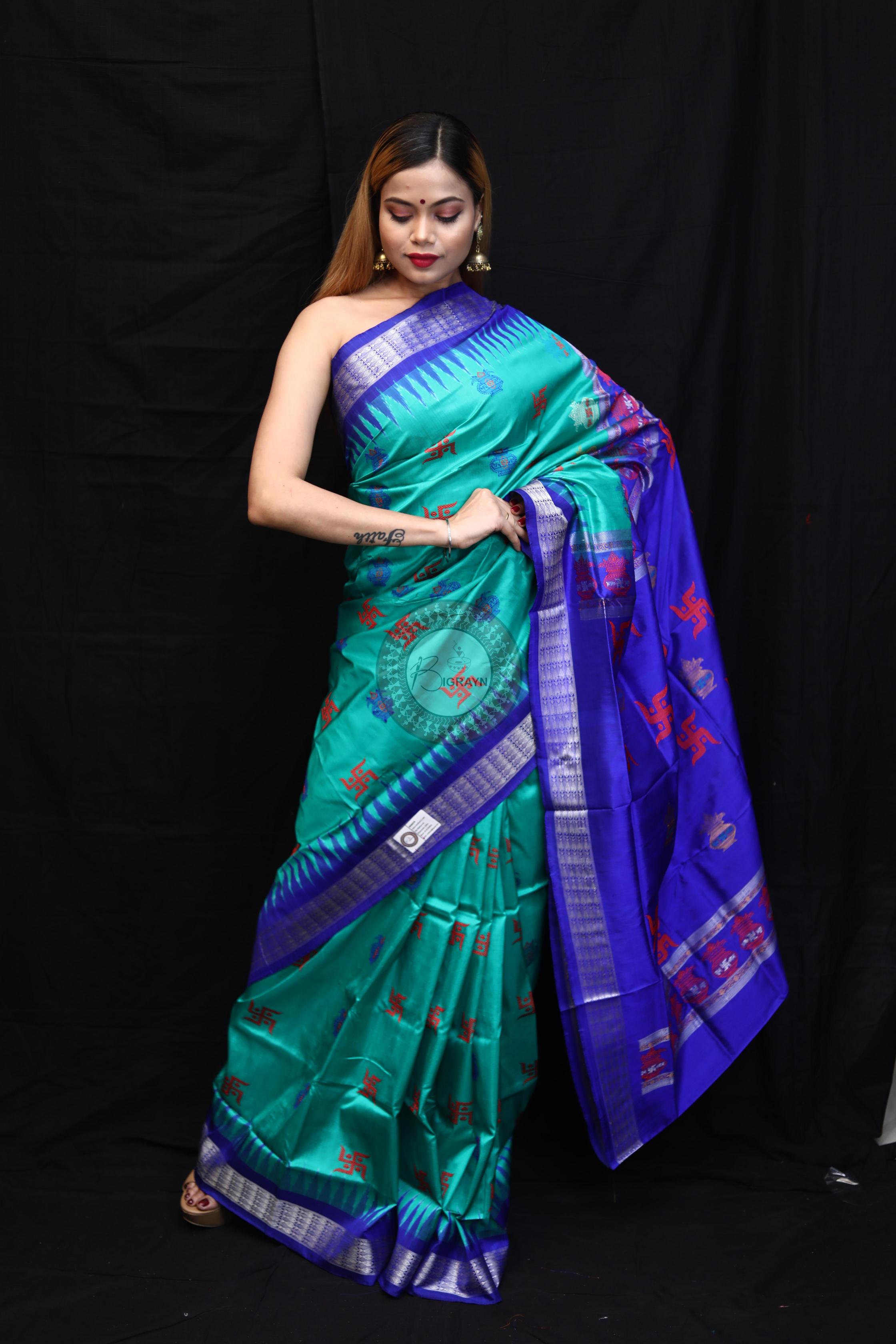 Sea Green Blue Swastik Kalashi Bomkai Silk Saree