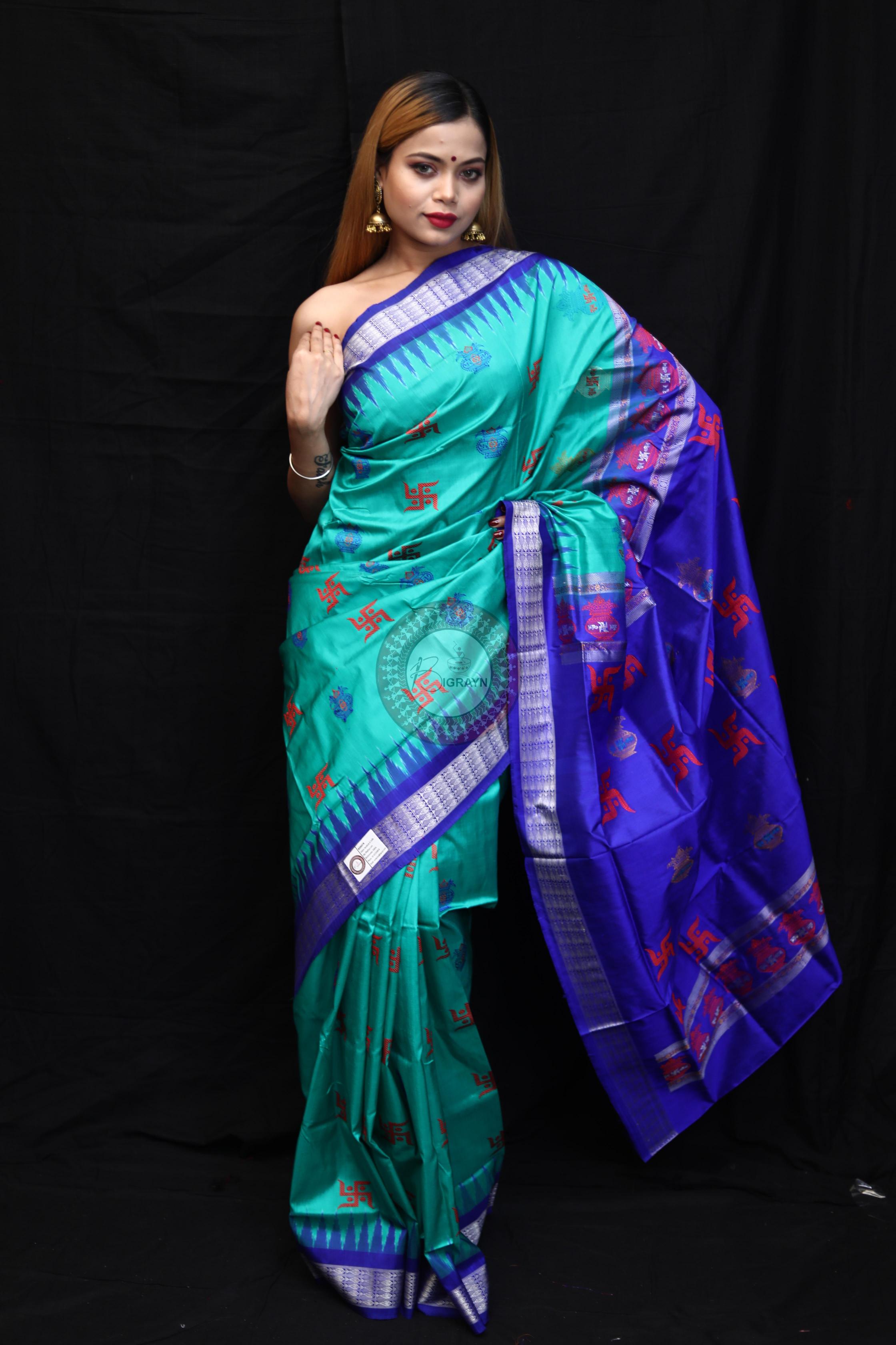 Sea Green Blue Swastik Kalashi Bomkai Silk Saree