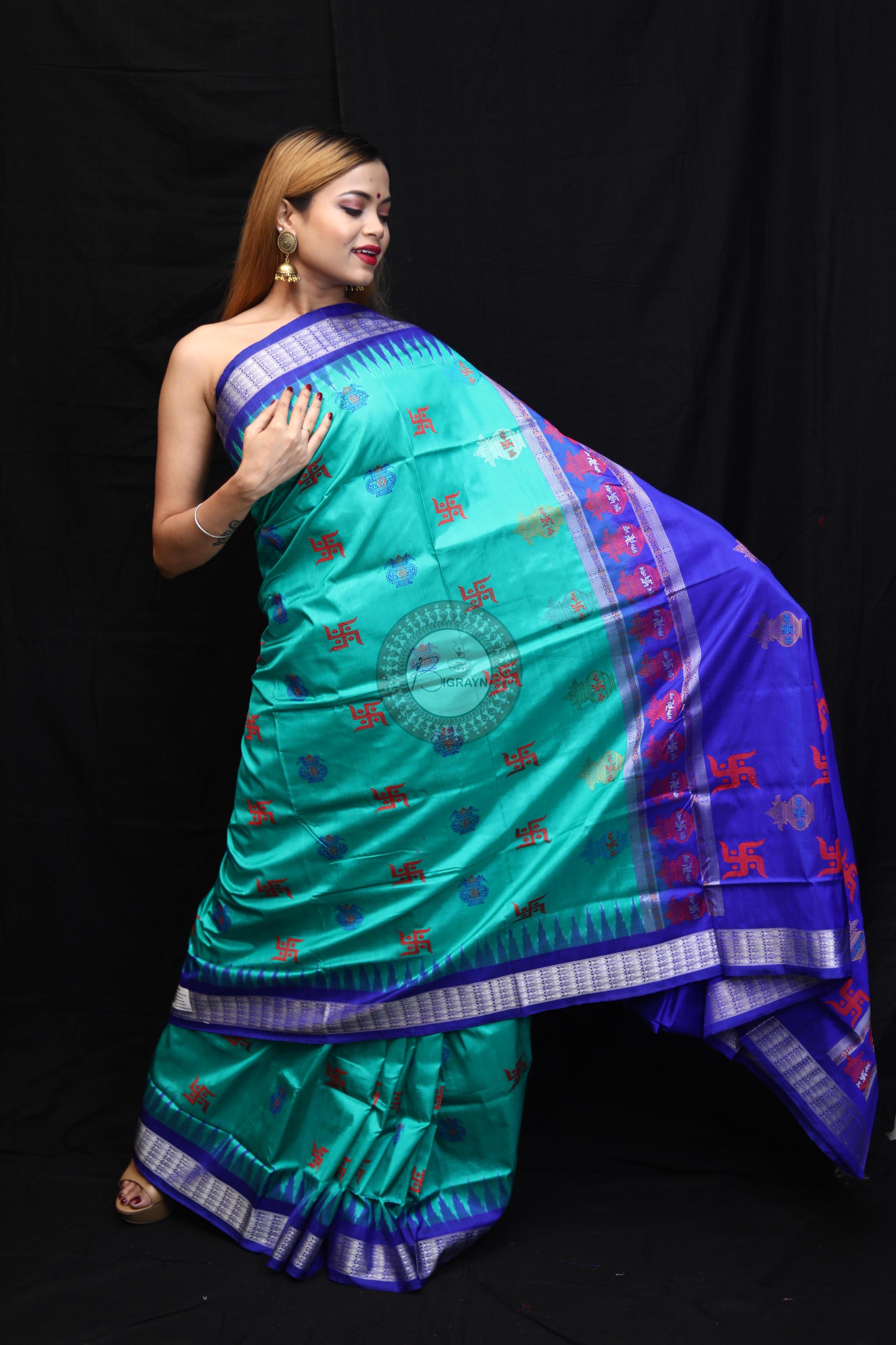 Sea Green Blue Swastik Kalashi Bomkai Silk Saree
