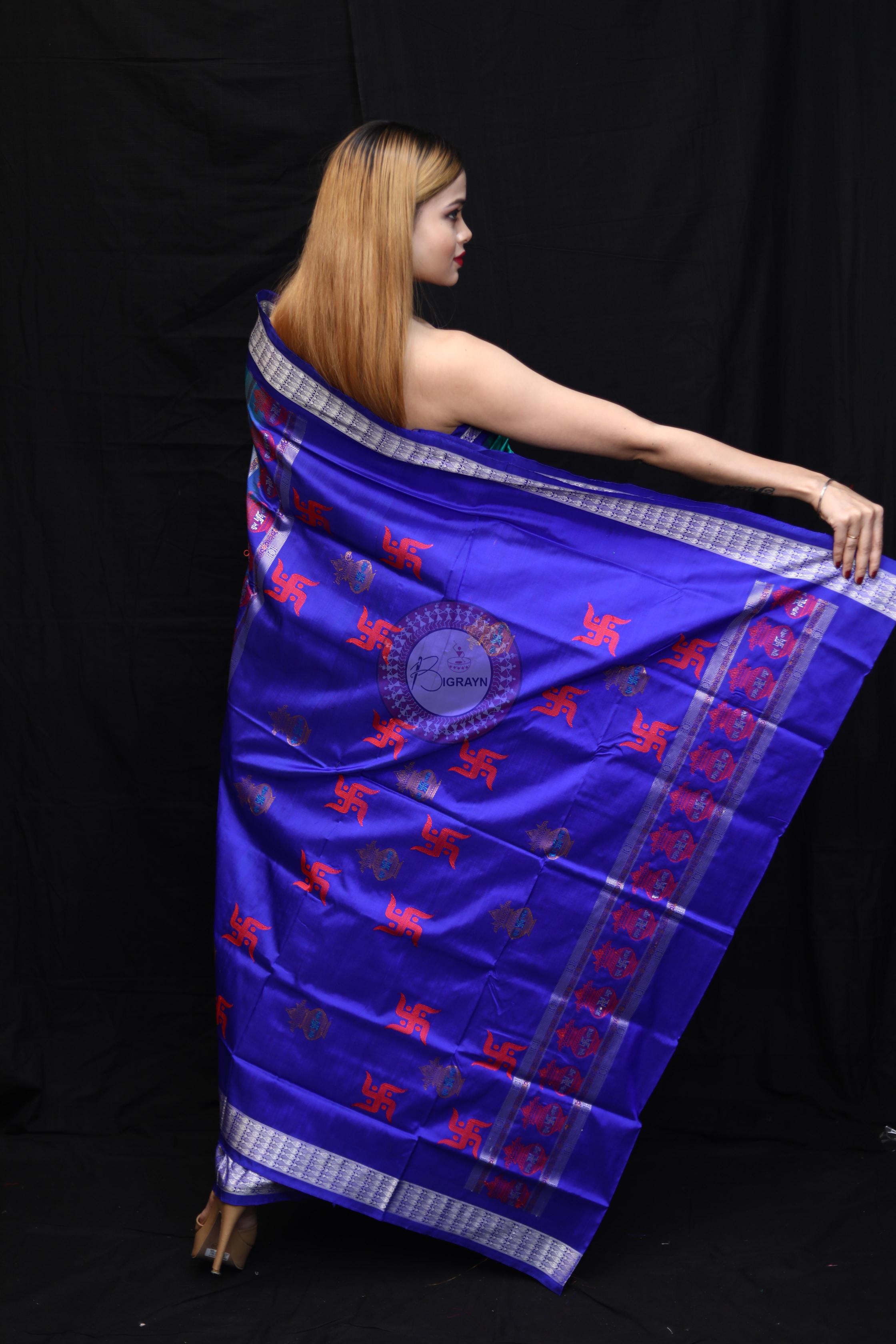 Sea Green Blue Swastik Kalashi Bomkai Silk Saree
