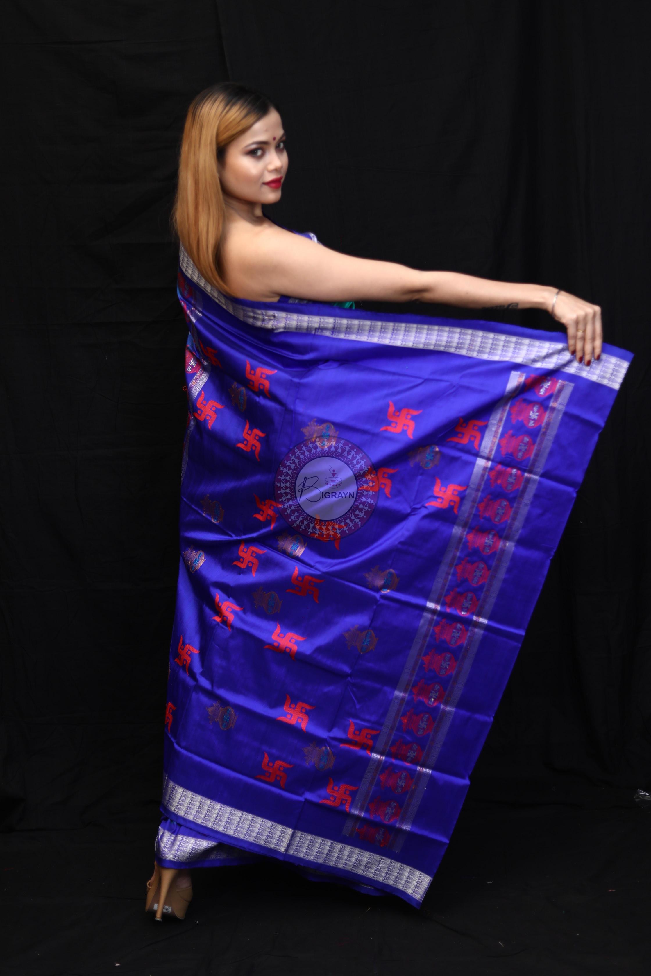 Sea Green Blue Swastik Kalashi Bomkai Silk Saree
