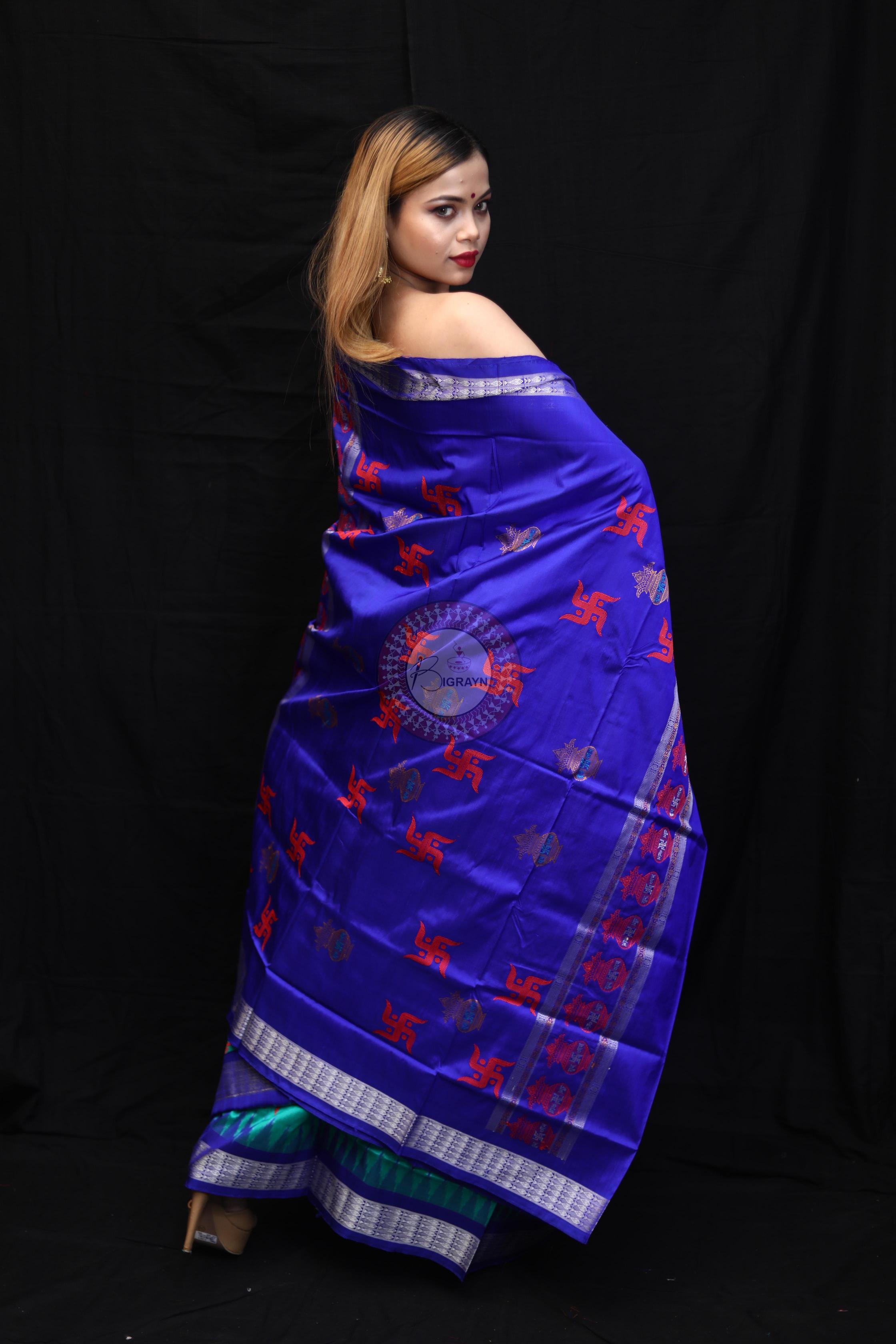 Sea Green Blue Swastik Kalashi Bomkai Silk Saree