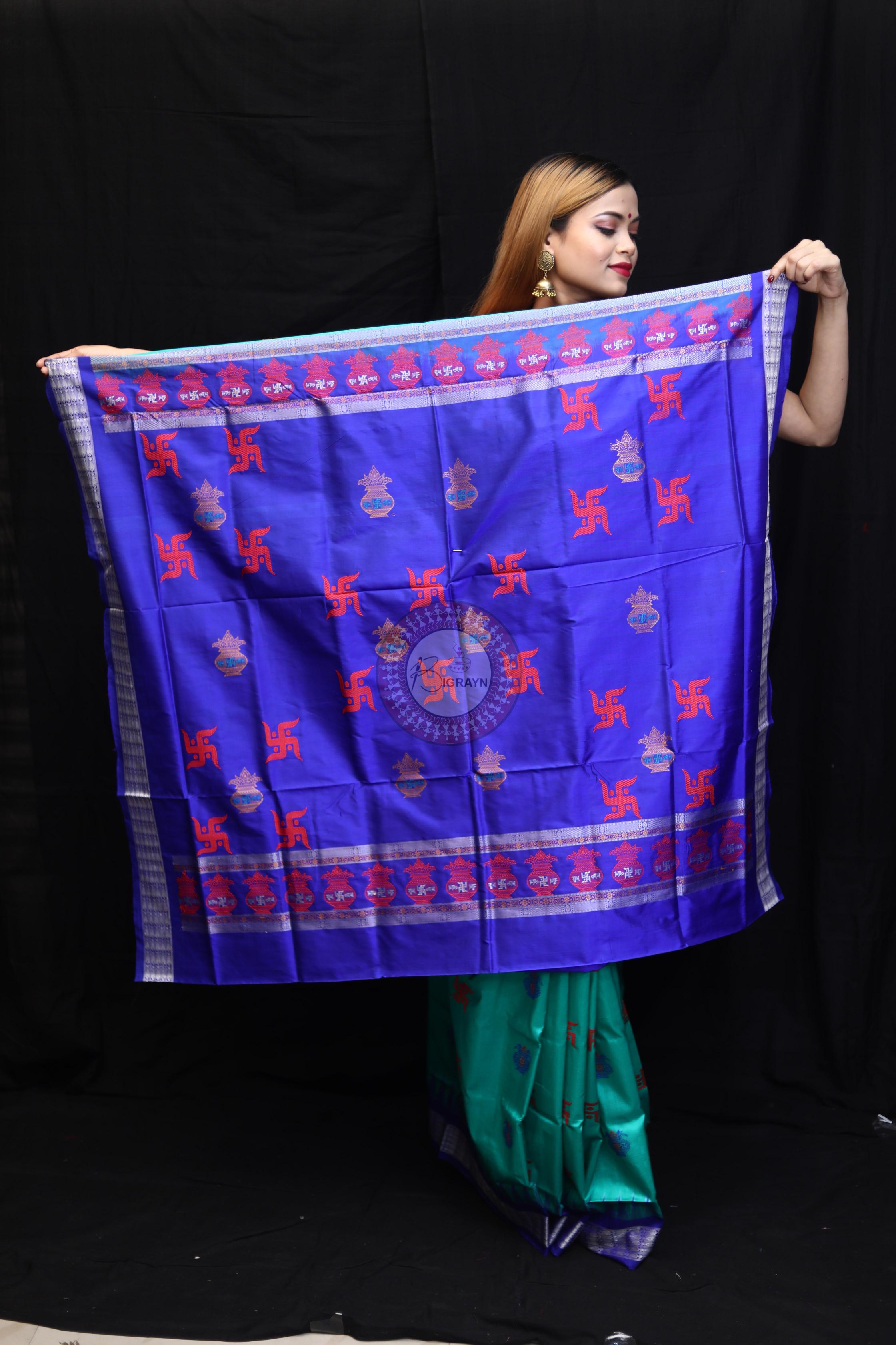 Sea Green Blue Swastik Kalashi Bomkai Silk Saree