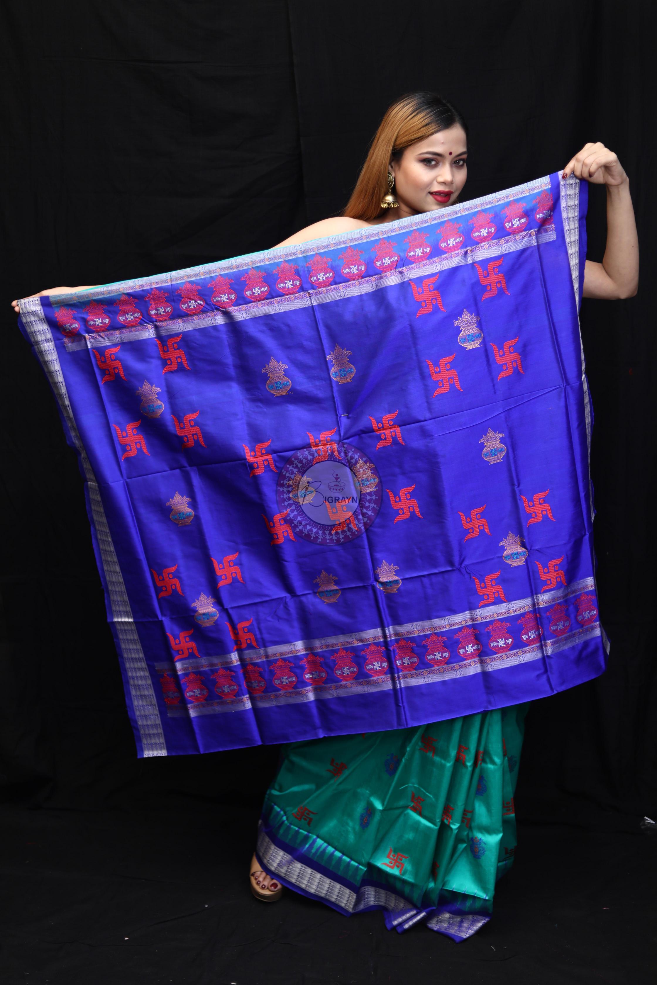 Sea Green Blue Swastik Kalashi Bomkai Silk Saree