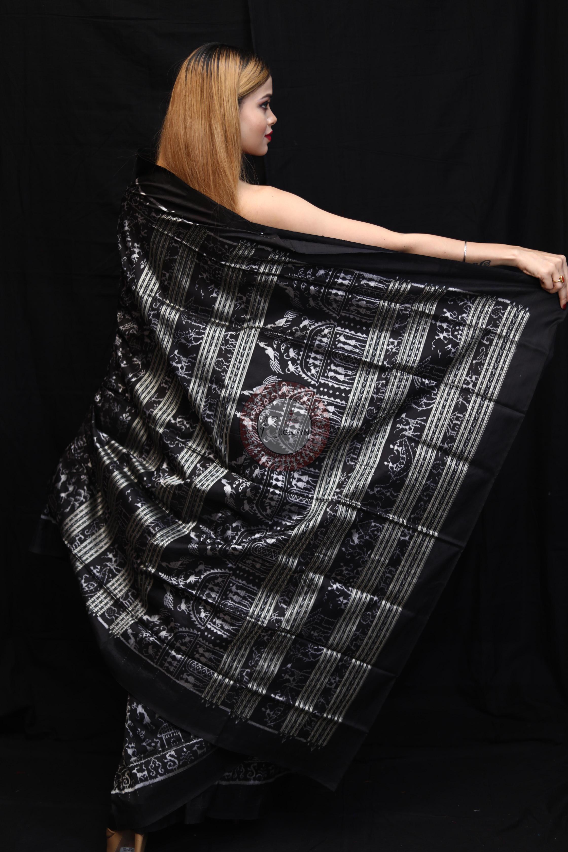 Black Silver Full Body Tribal Sambalpuri Silk Saree