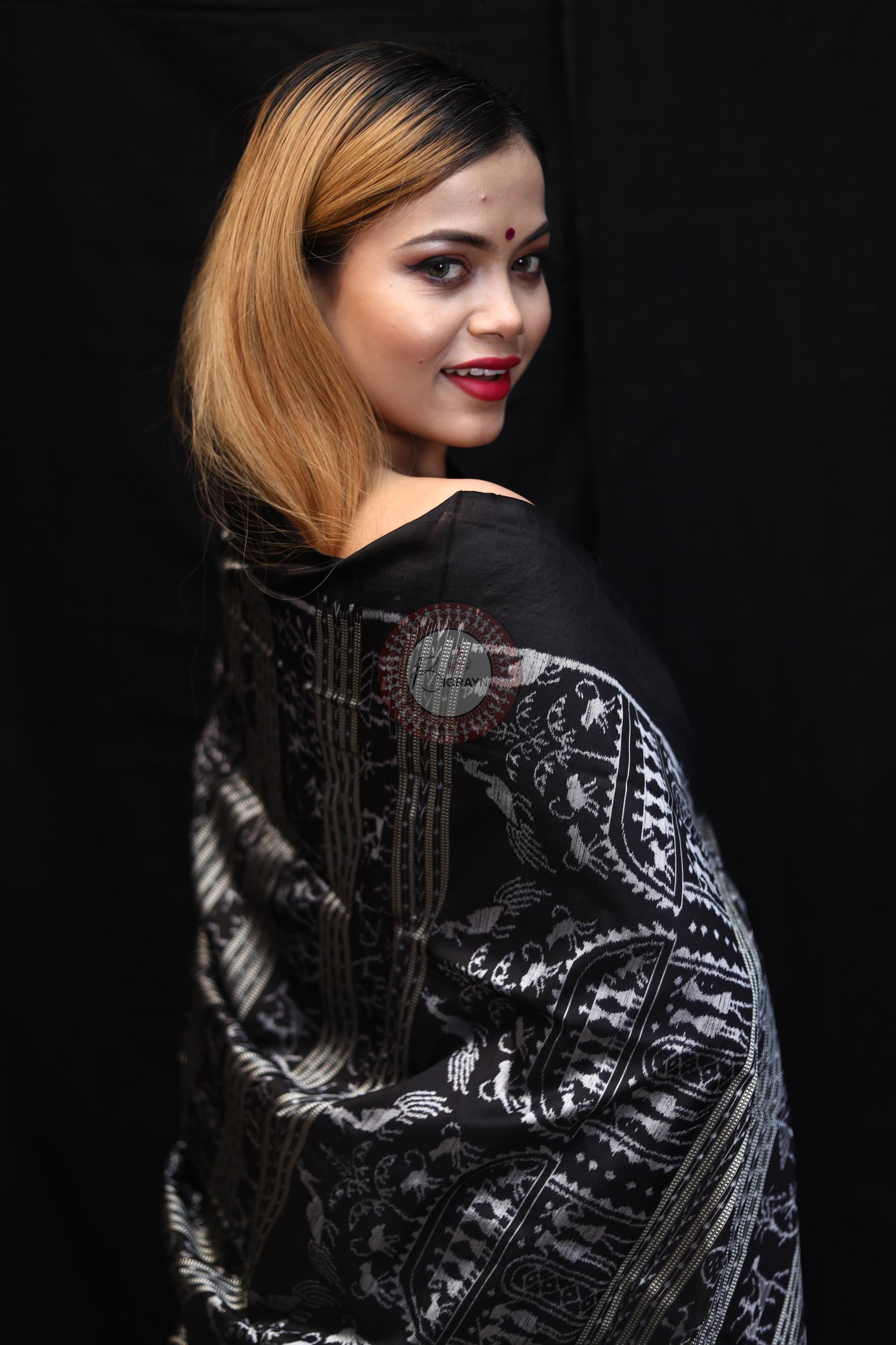 Black Silver Full Body Tribal Sambalpuri Silk Saree