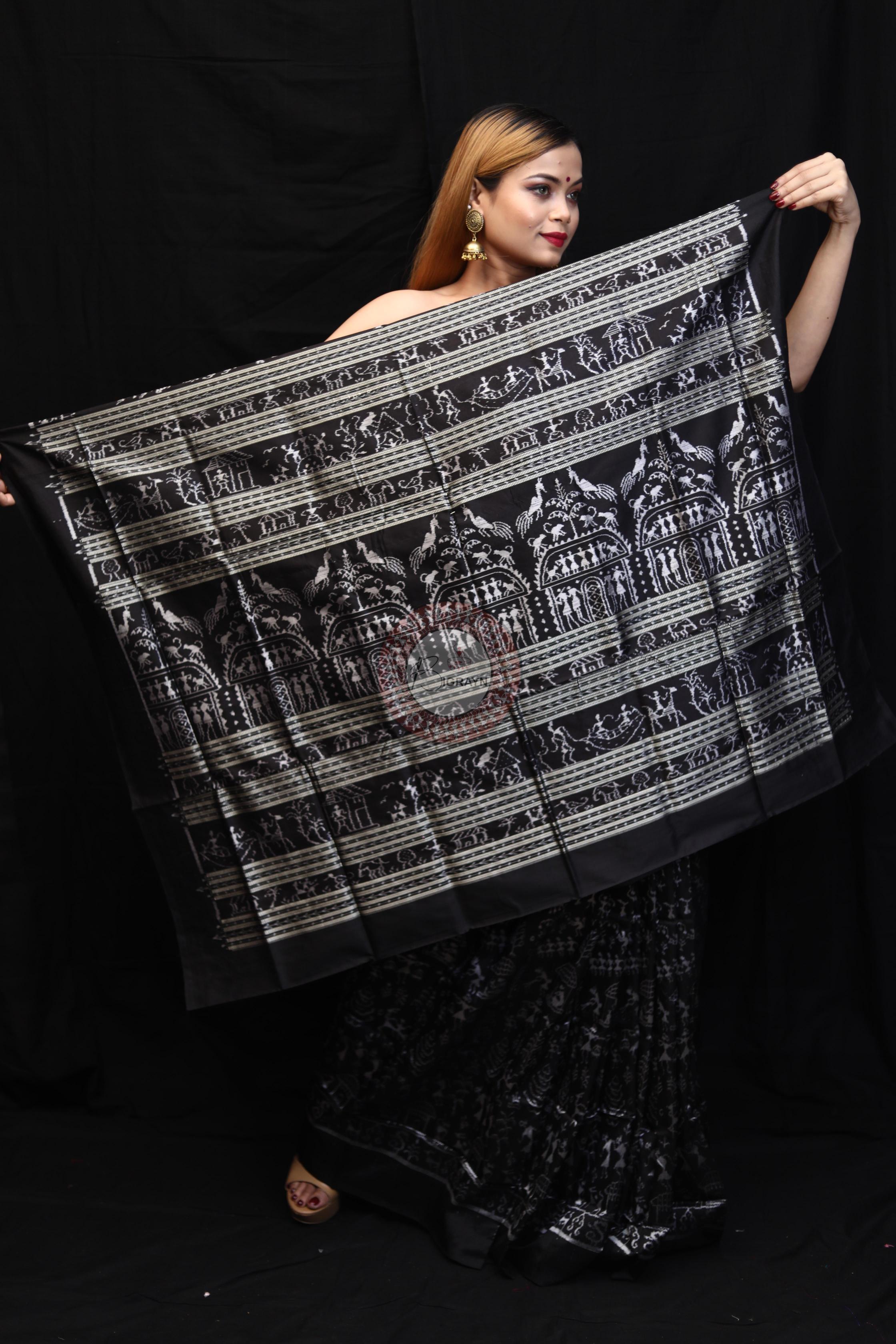 Black Silver Full Body Tribal Sambalpuri Silk Saree