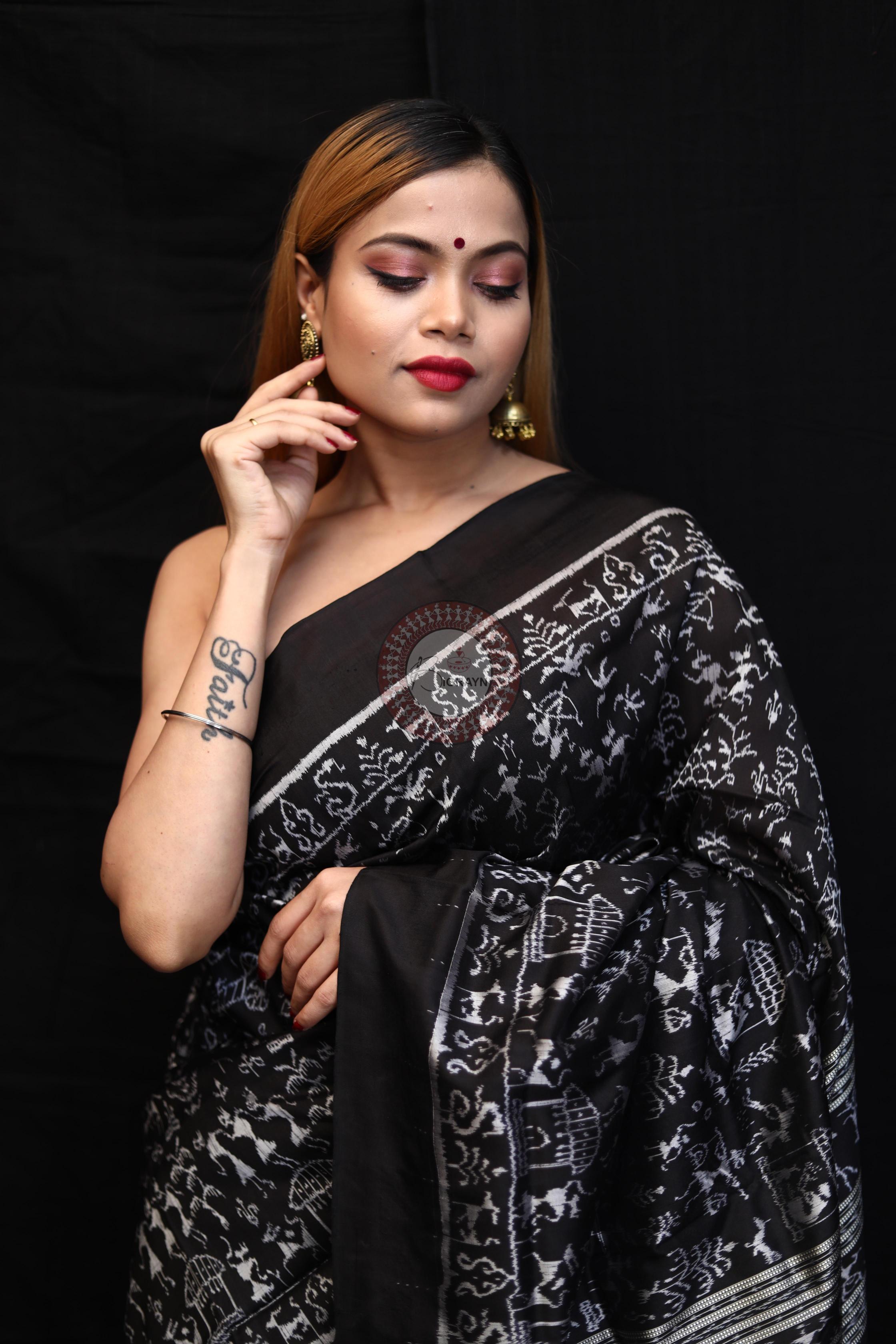 Black Silver Full Body Tribal Sambalpuri Silk Saree