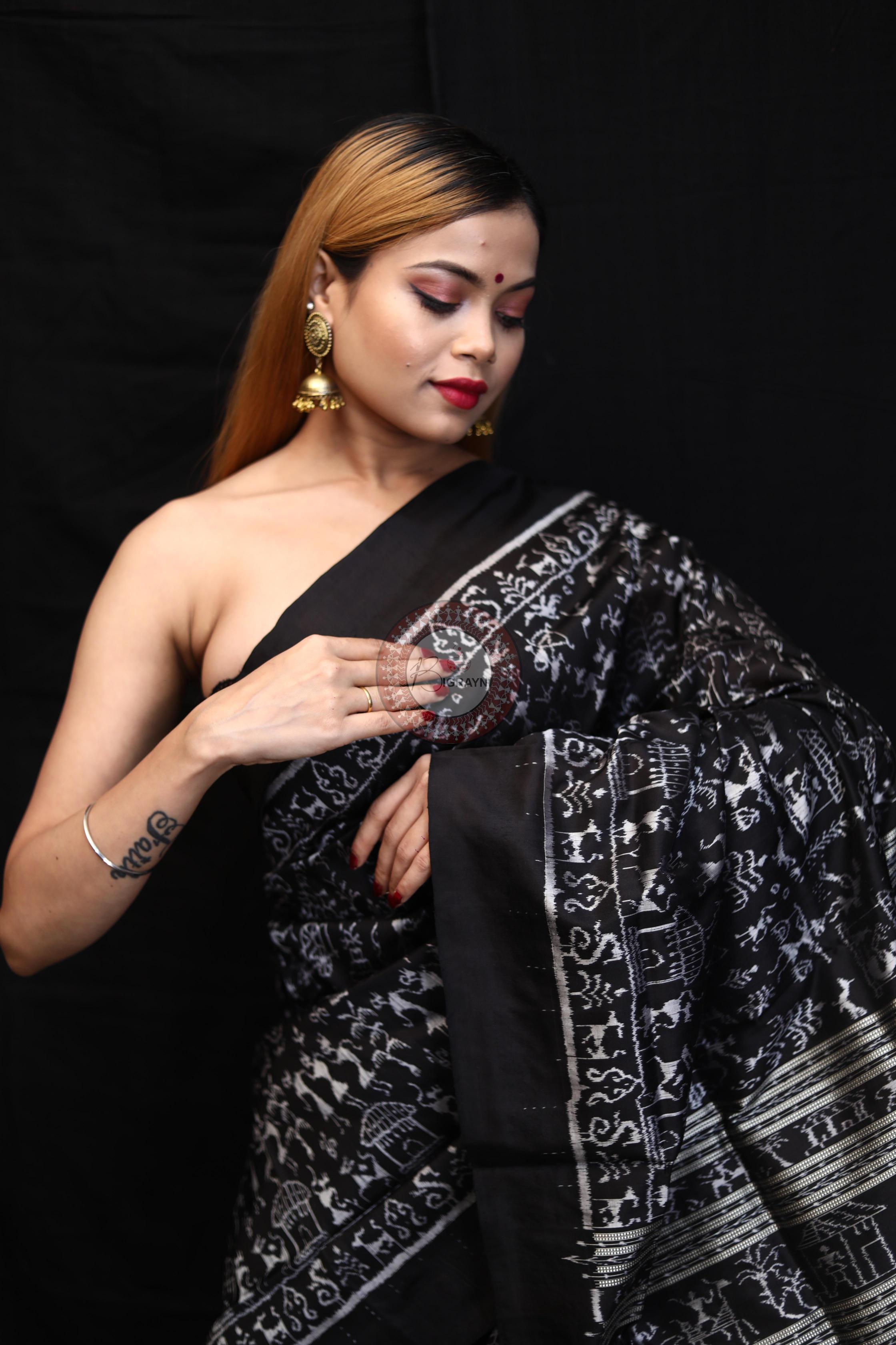 Black Silver Full Body Tribal Sambalpuri Silk Saree