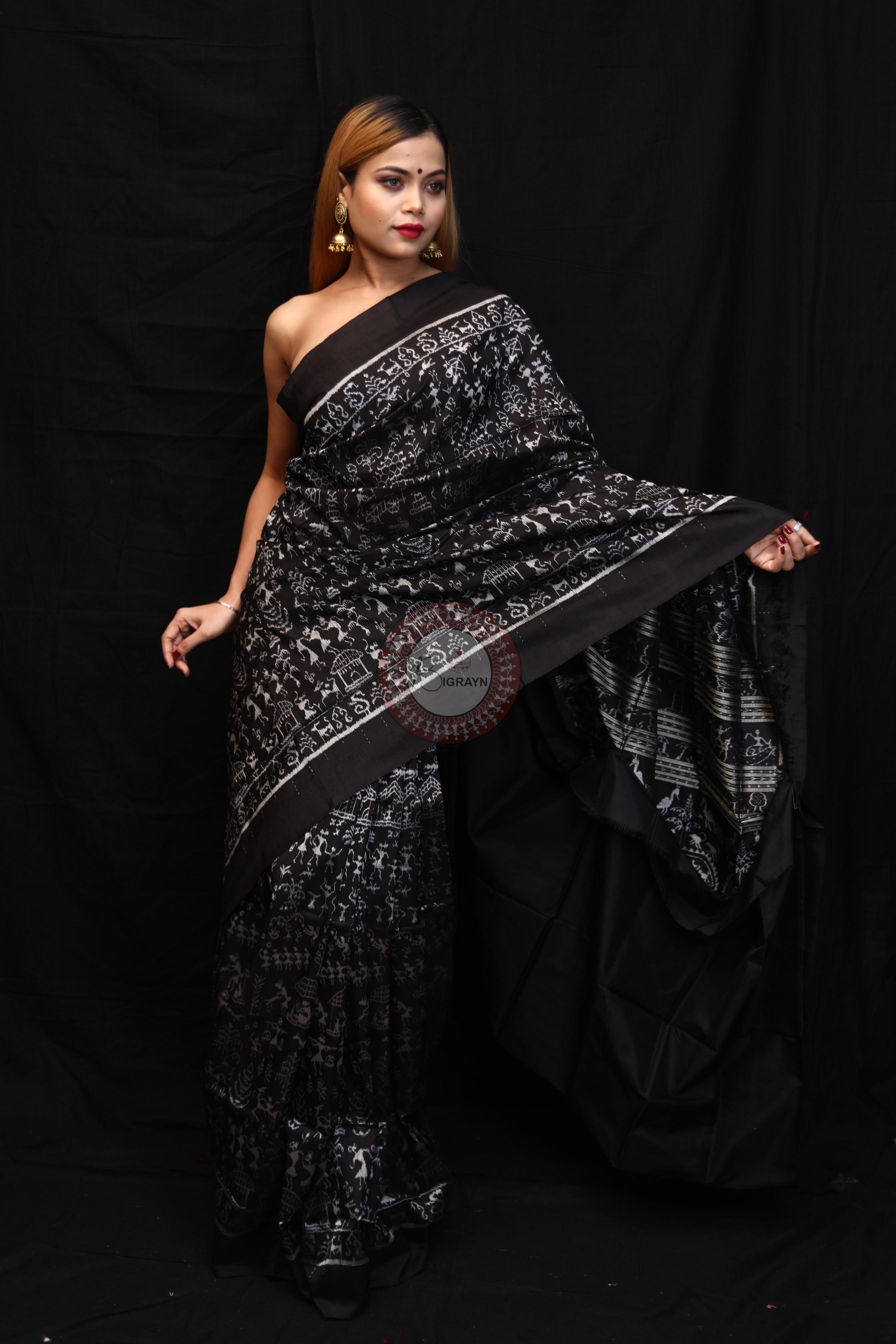 Black Silver Full Body Tribal Sambalpuri Silk Saree