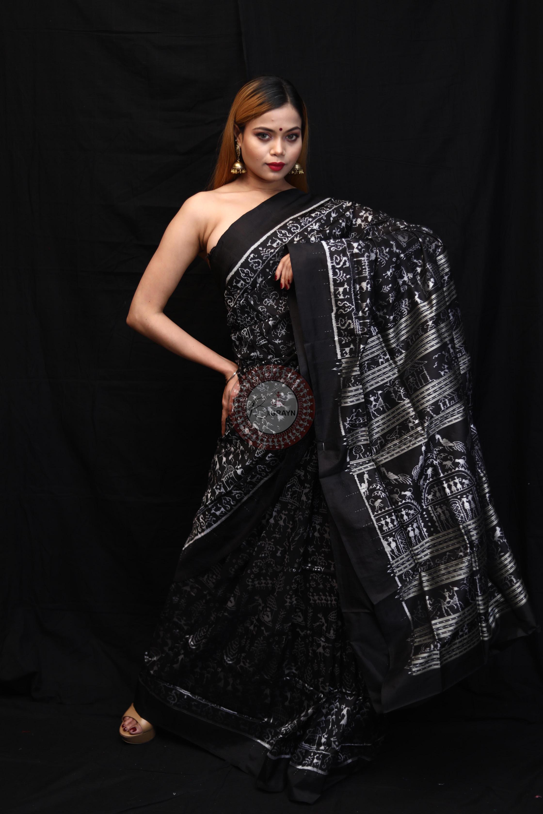 Black Silver Full Body Tribal Sambalpuri Silk Saree