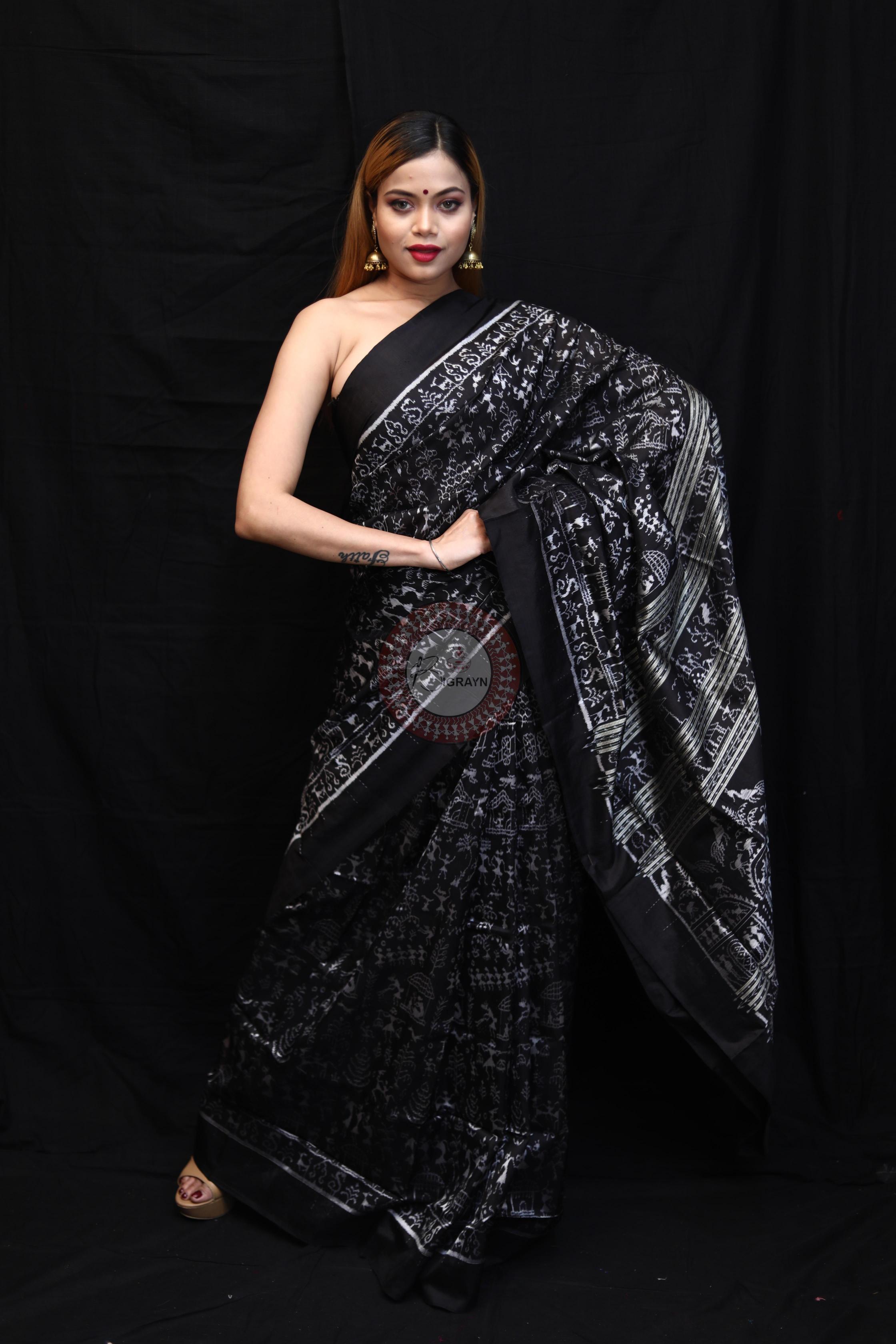Black Silver Full Body Tribal Sambalpuri Silk Saree