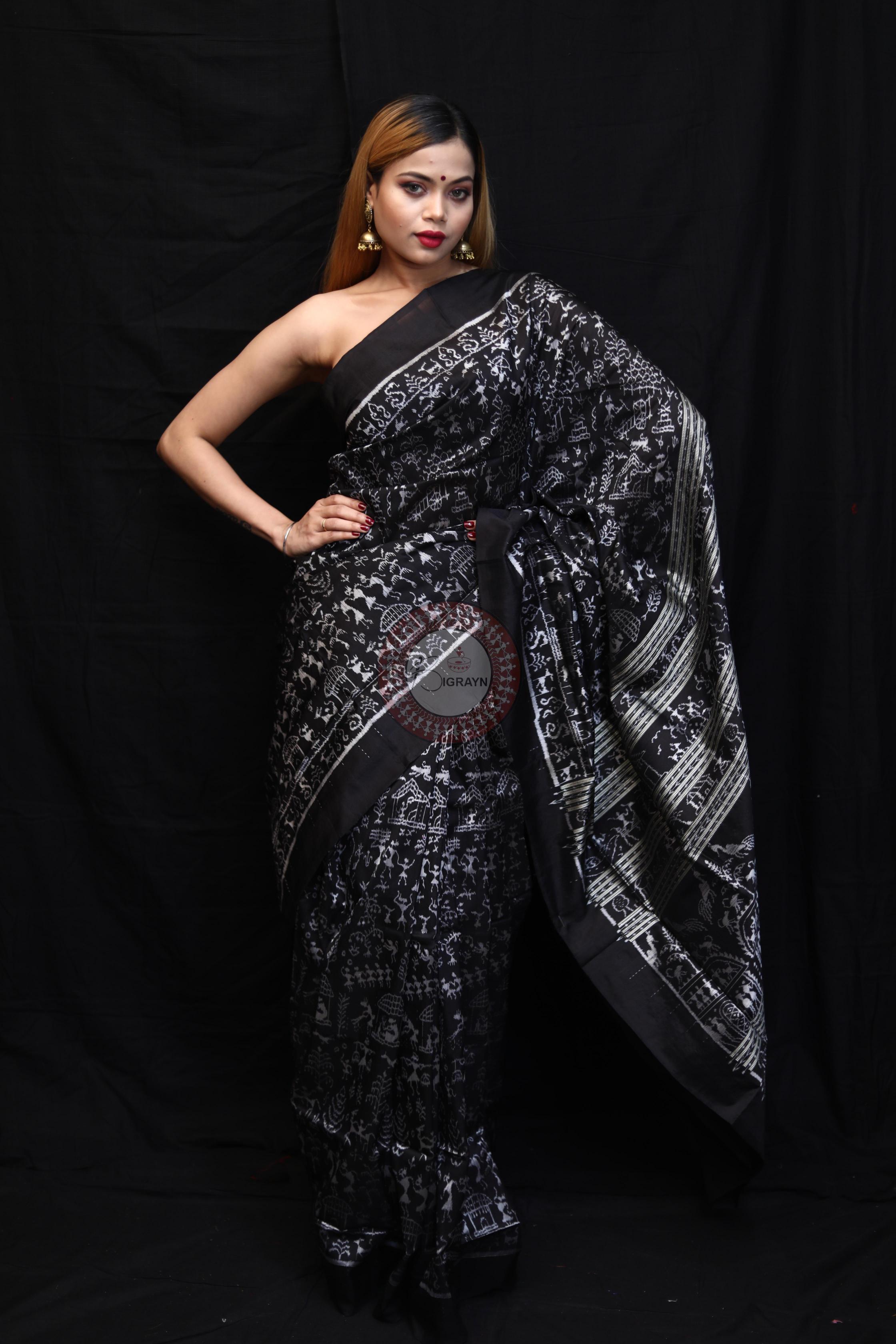 Black Silver Full Body Tribal Sambalpuri Silk Saree