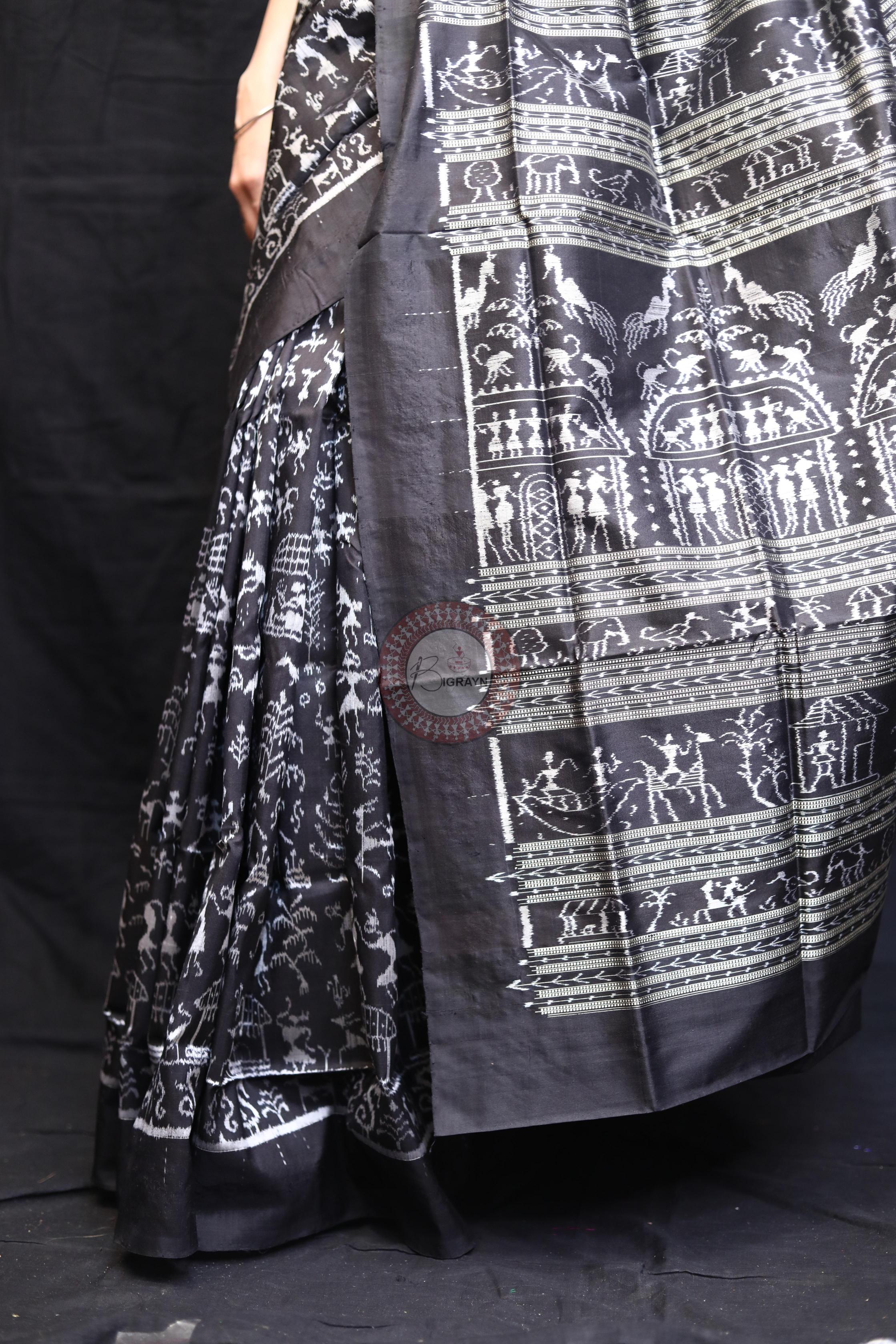 Black Silver Full Body Tribal Sambalpuri Silk Saree