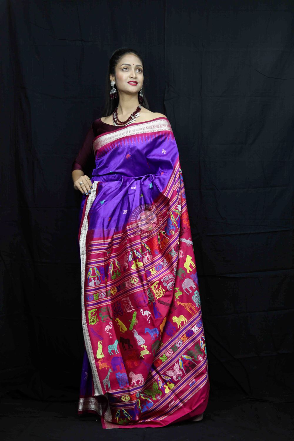 Purple Magenta Animal Planet Bomkai Silk Saree