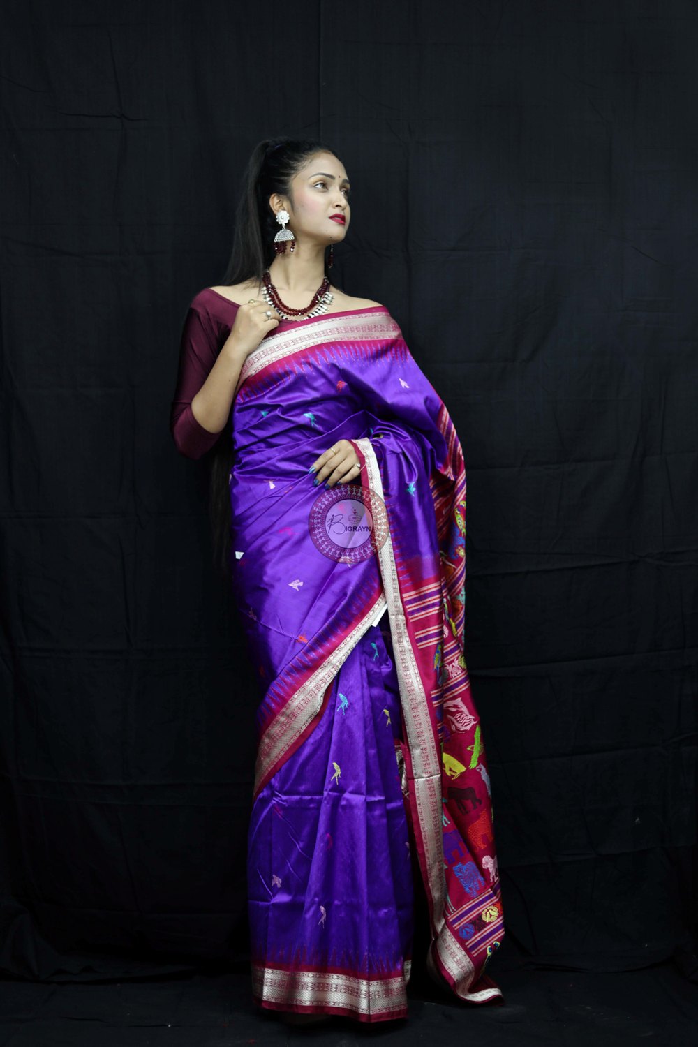 Purple Magenta Animal Planet Bomkai Silk Saree