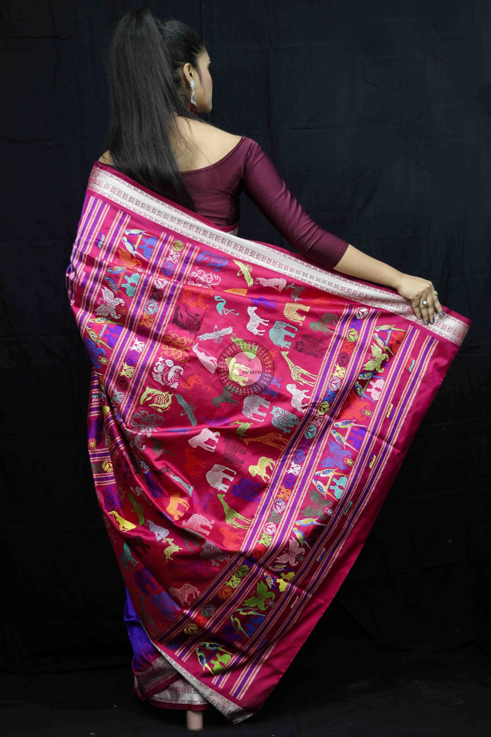 Purple Magenta Animal Planet Bomkai Silk Saree