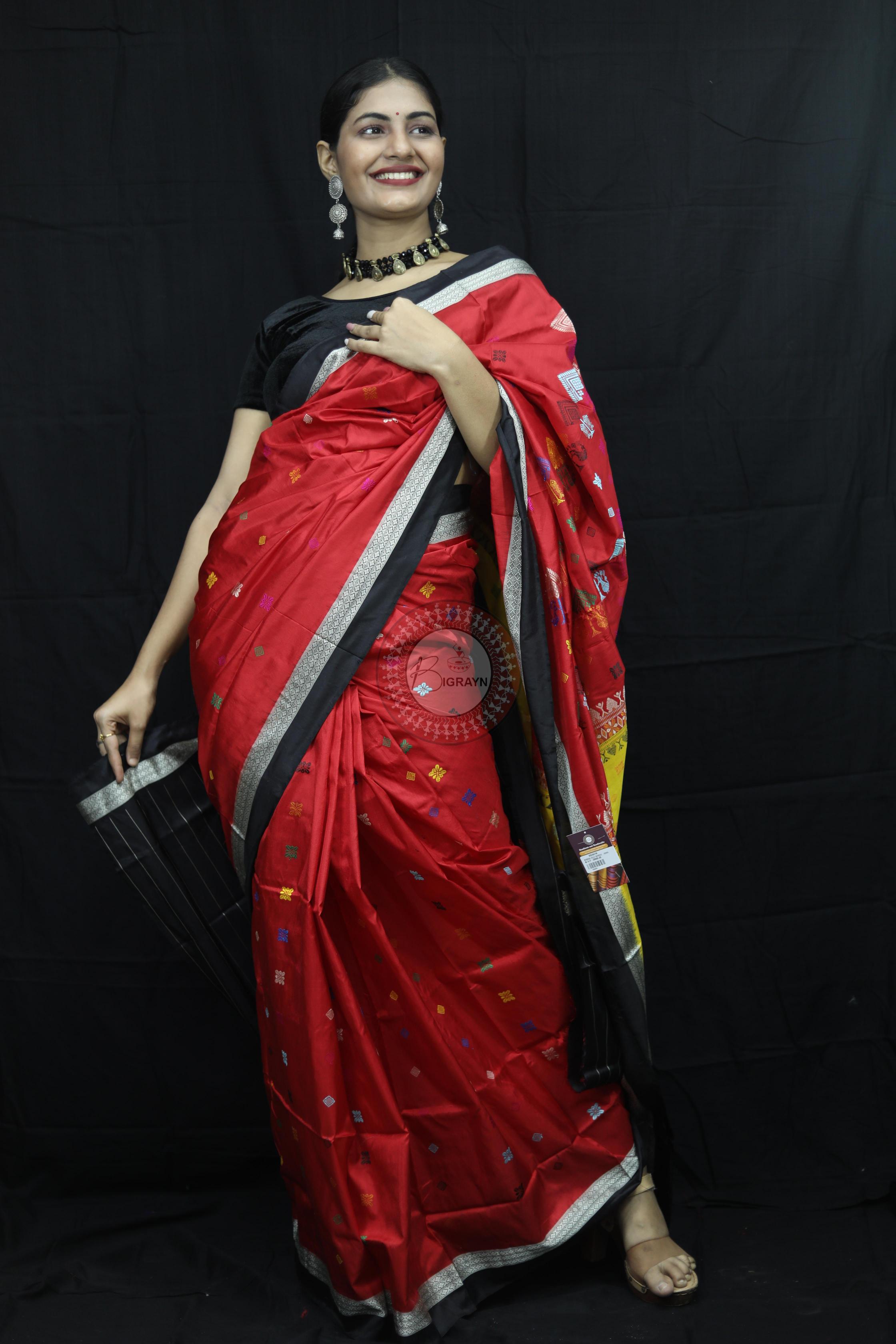 Red Black Teracotta Bomkai Silk Saree Silk Saree