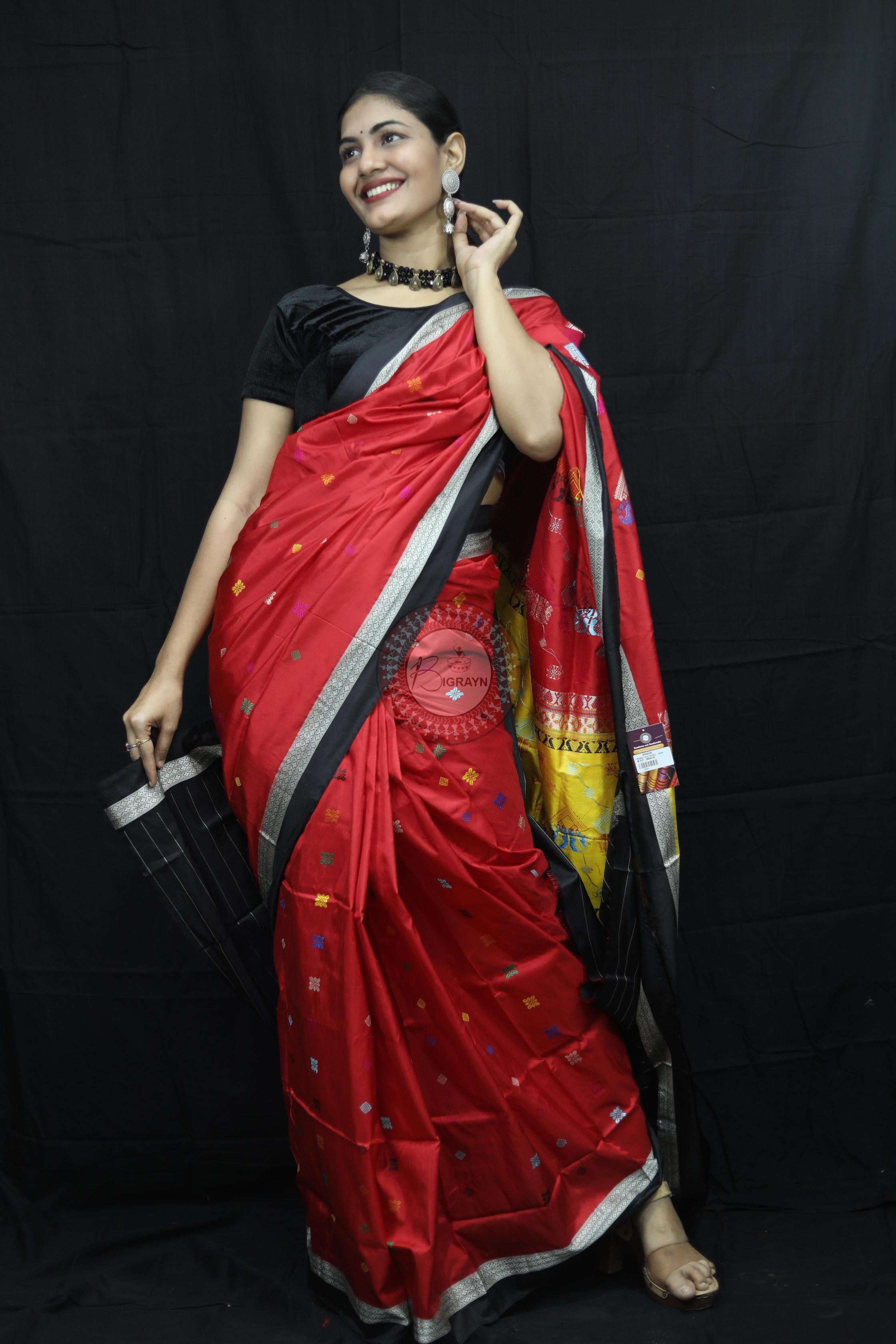 Red Black Teracotta Bomkai Silk Saree Silk Saree