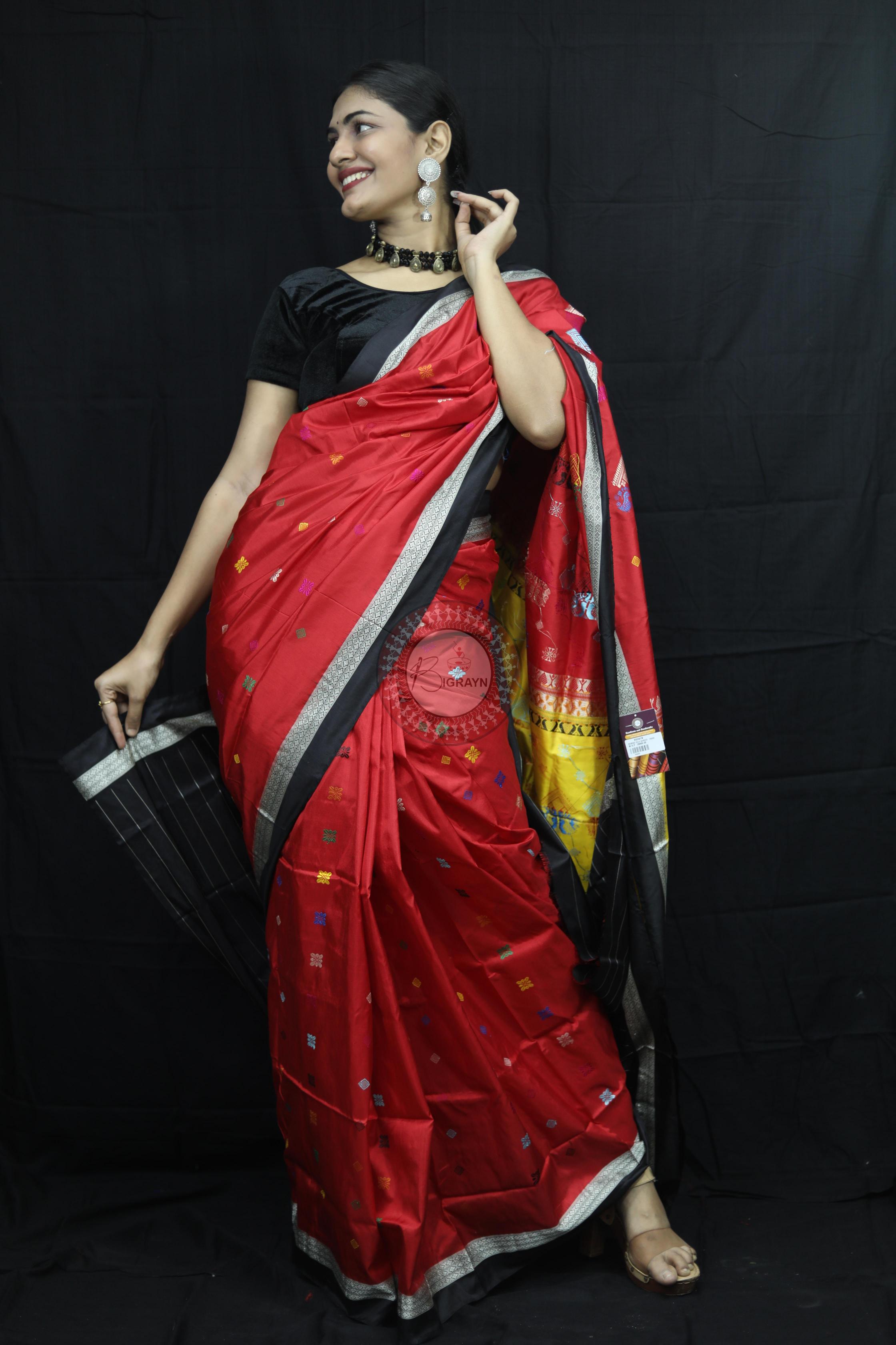 Red Black Teracotta Bomkai Silk Saree Silk Saree