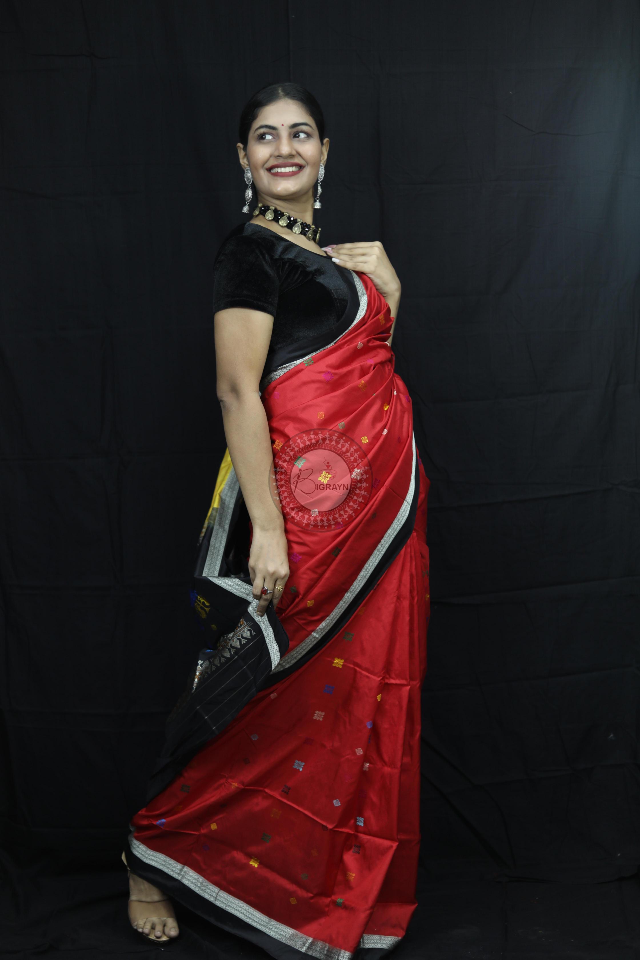 Red Black Teracotta Bomkai Silk Saree Silk Saree