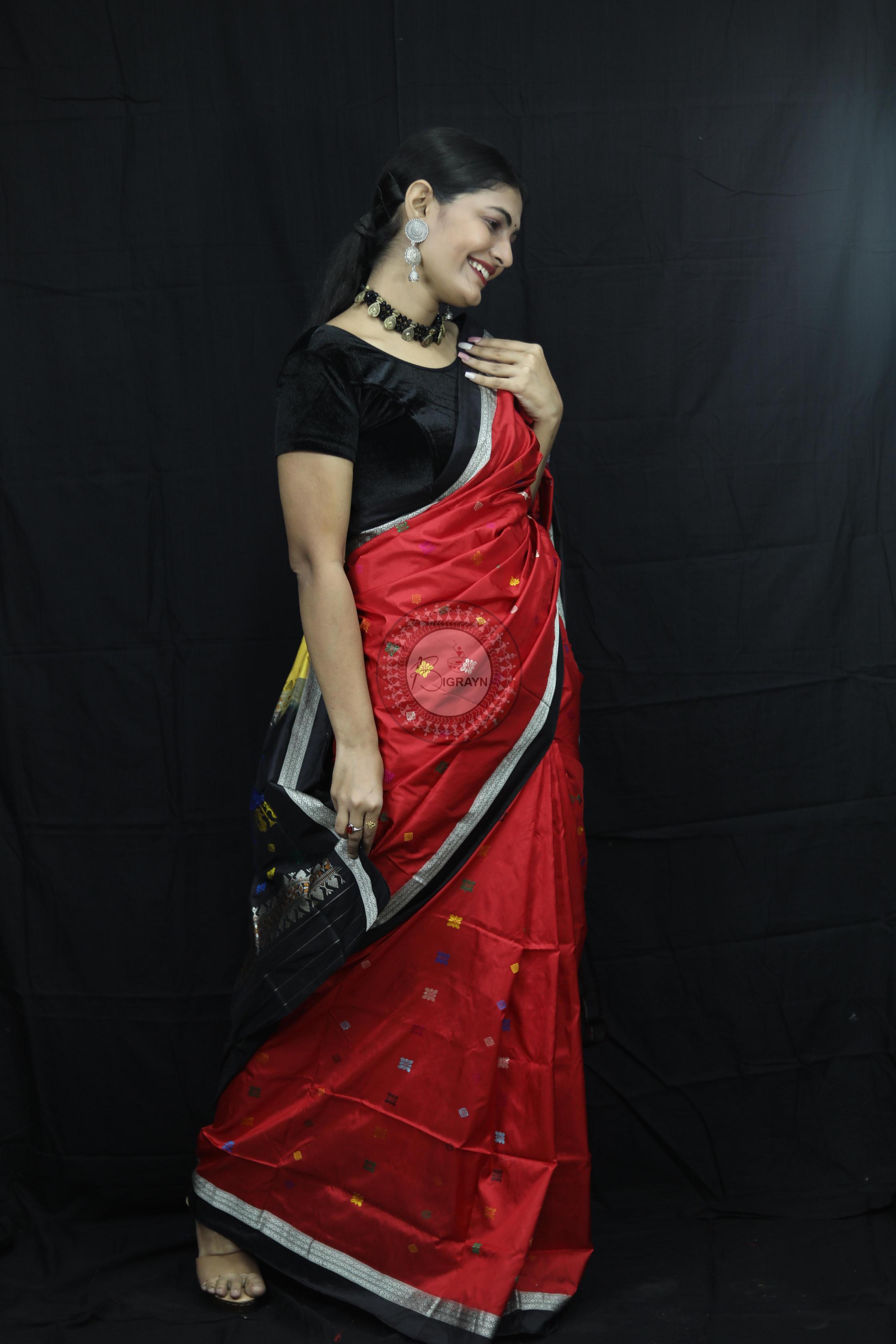 Red Black Teracotta Bomkai Silk Saree Silk Saree