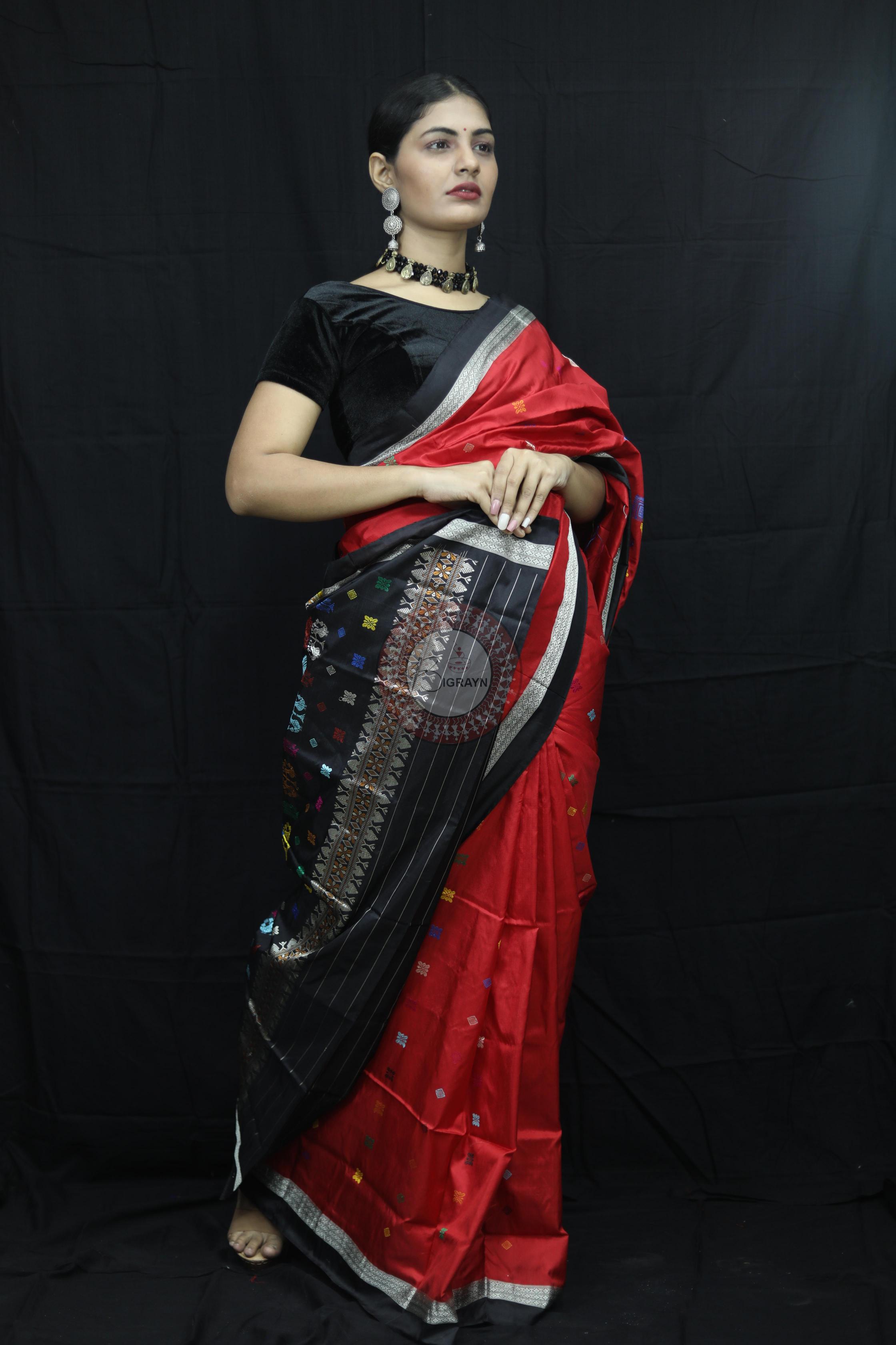 Red Black Teracotta Bomkai Silk Saree Silk Saree