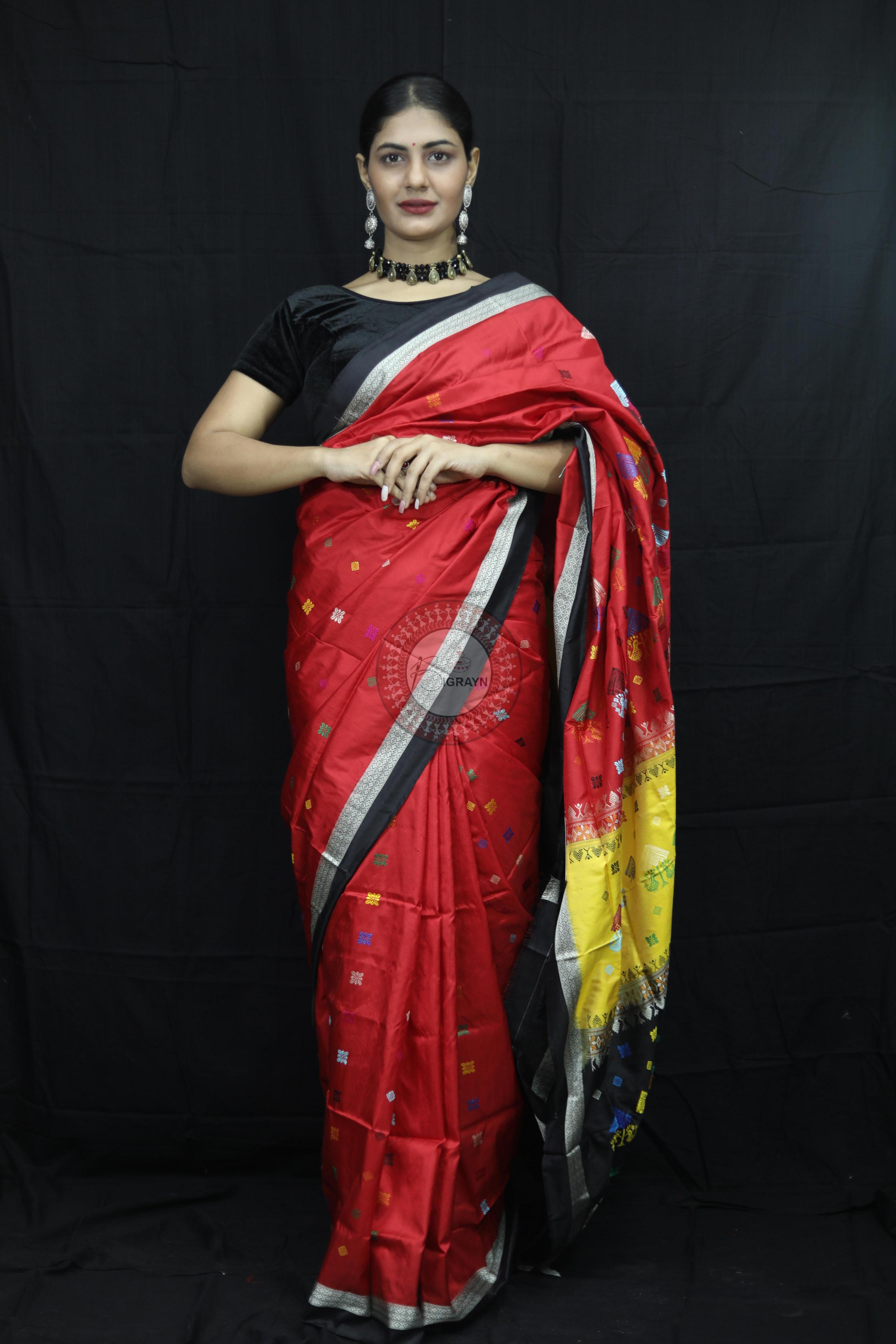 Red Black Teracotta Bomkai Silk Saree Silk Saree
