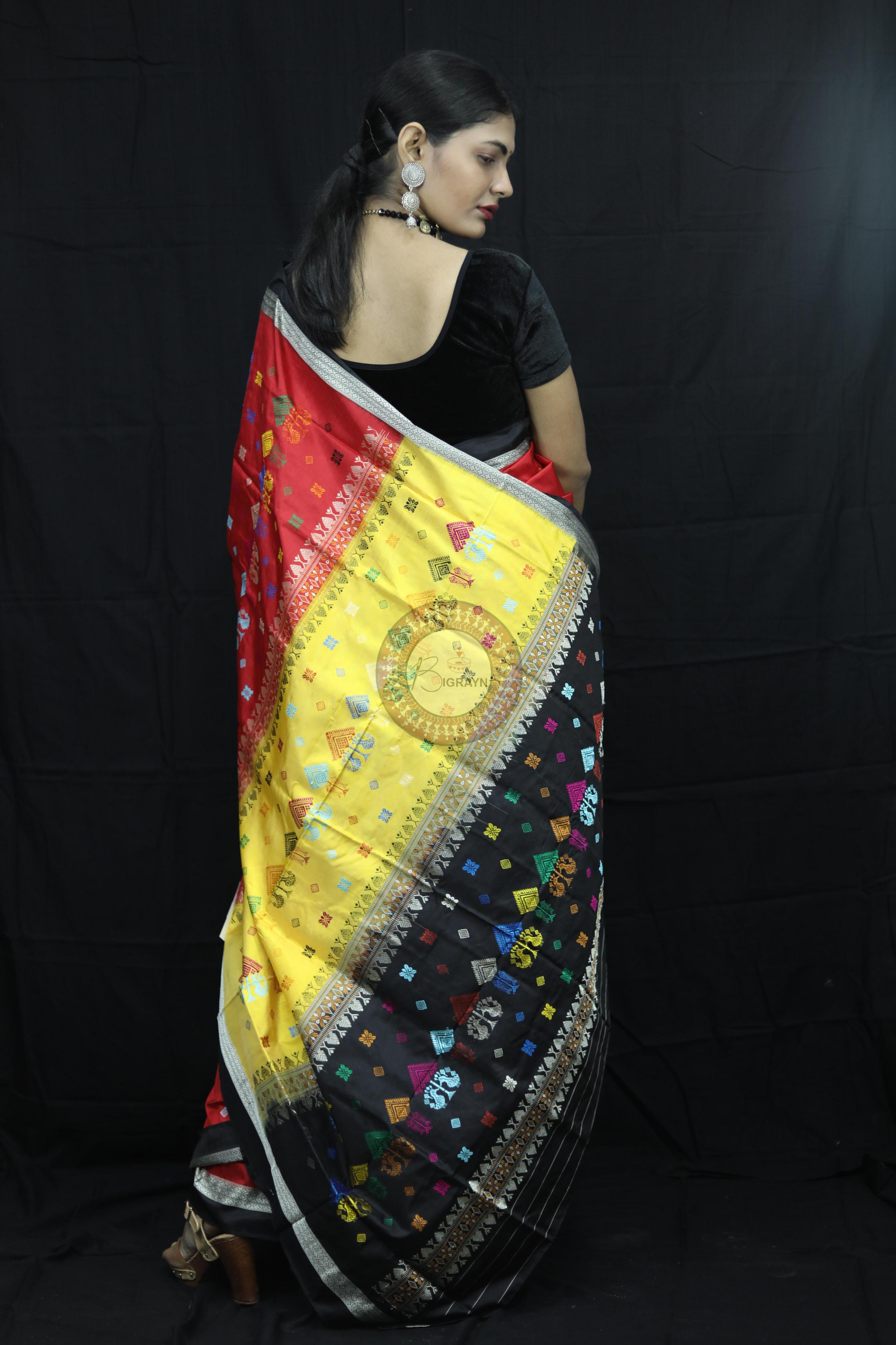 Red Black Teracotta Bomkai Silk Saree Silk Saree