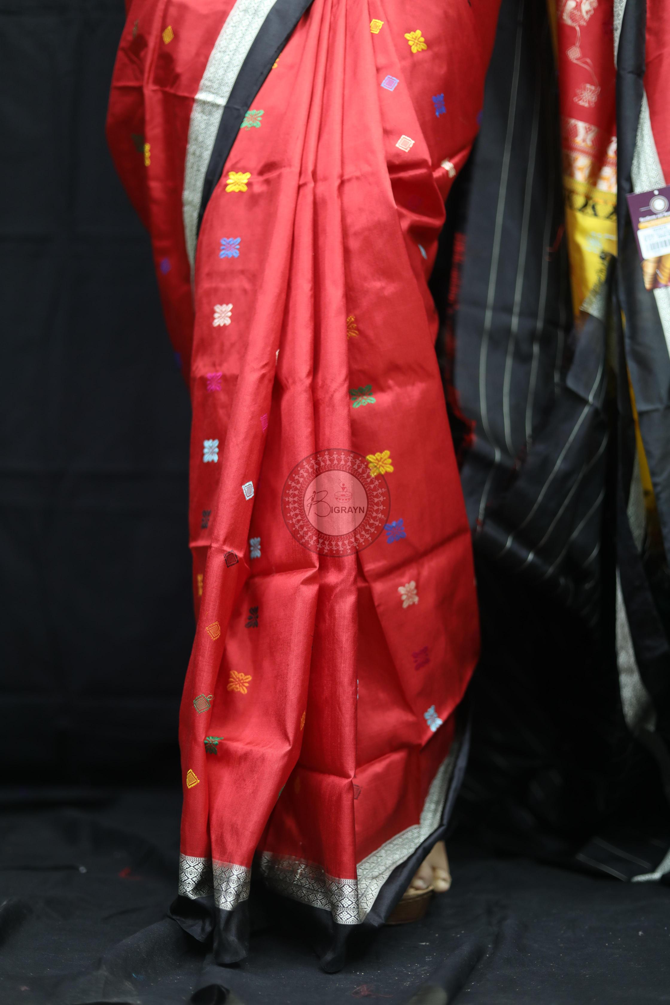 Red Black Teracotta Bomkai Silk Saree Silk Saree