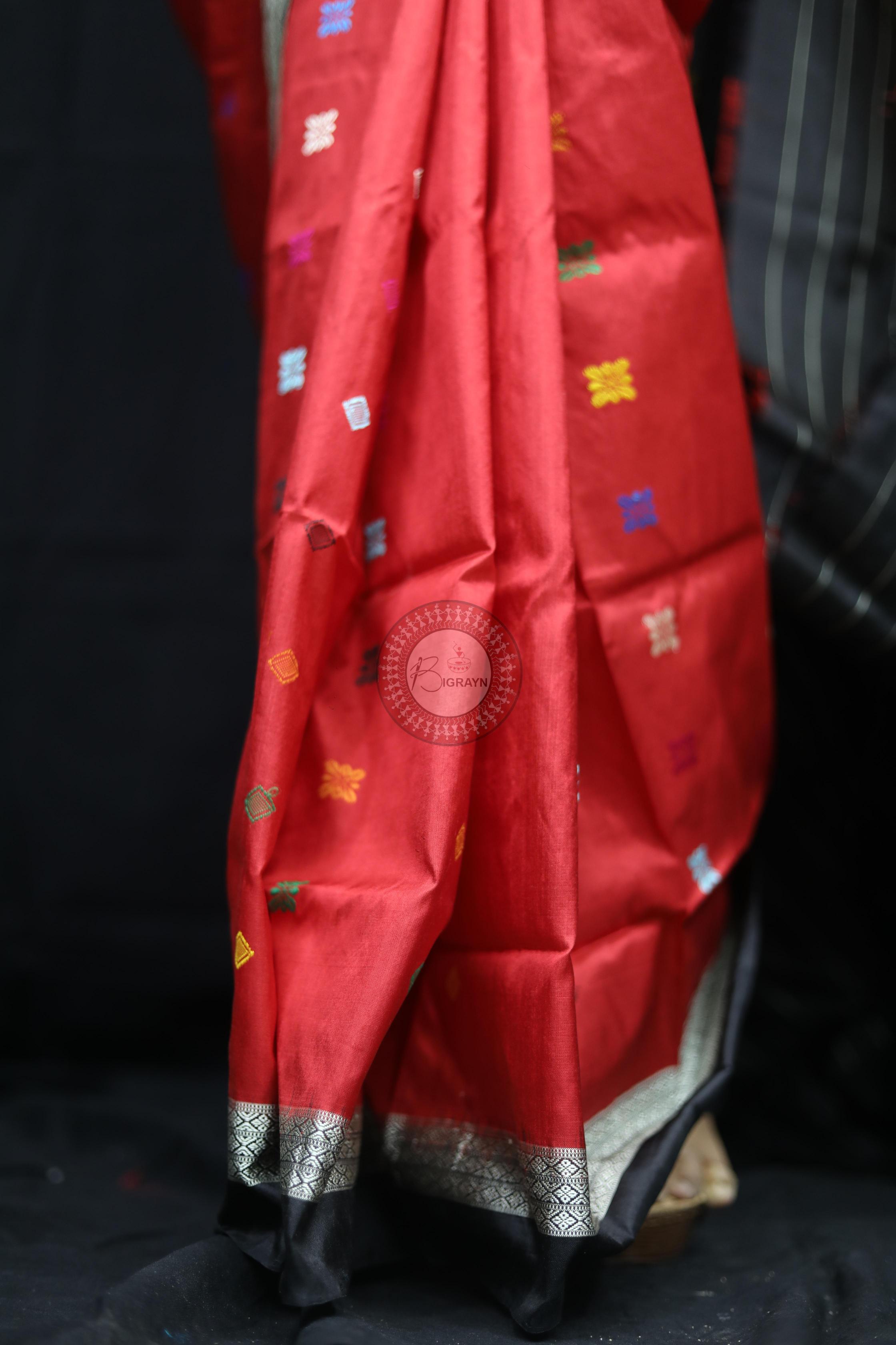 Red Black Teracotta Bomkai Silk Saree Silk Saree