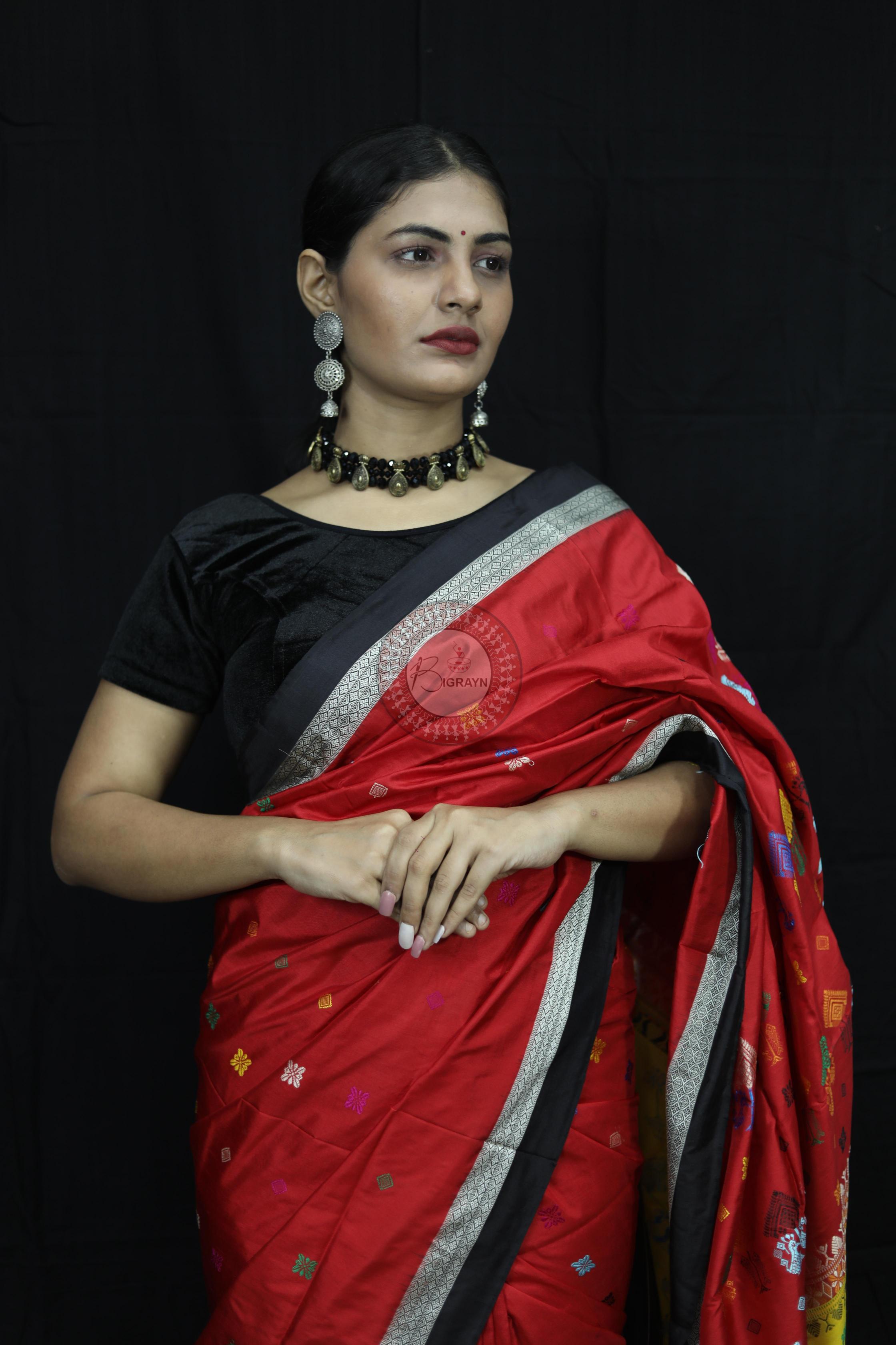 Red Black Teracotta Bomkai Silk Saree Silk Saree