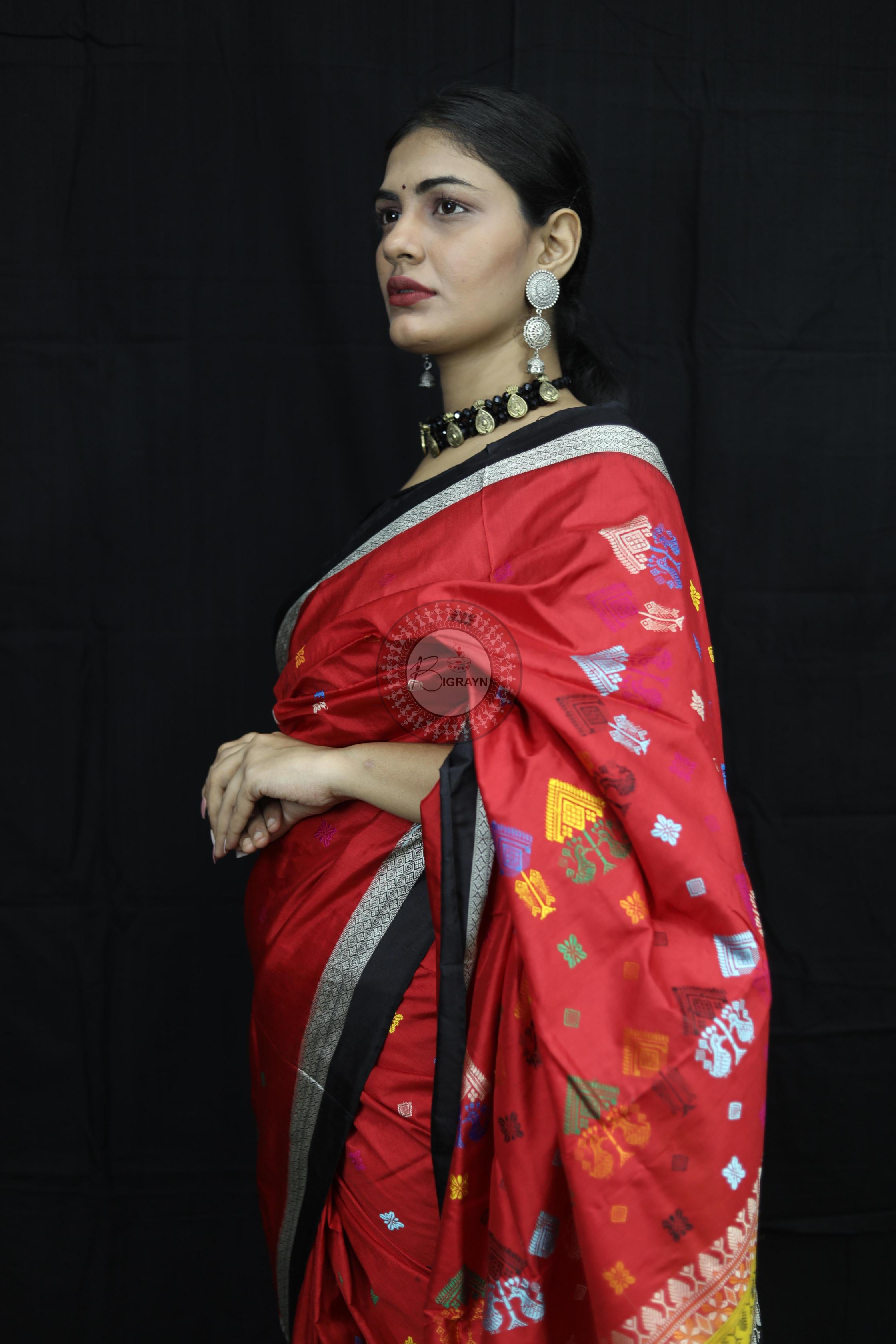 Red Black Teracotta Bomkai Silk Saree Silk Saree