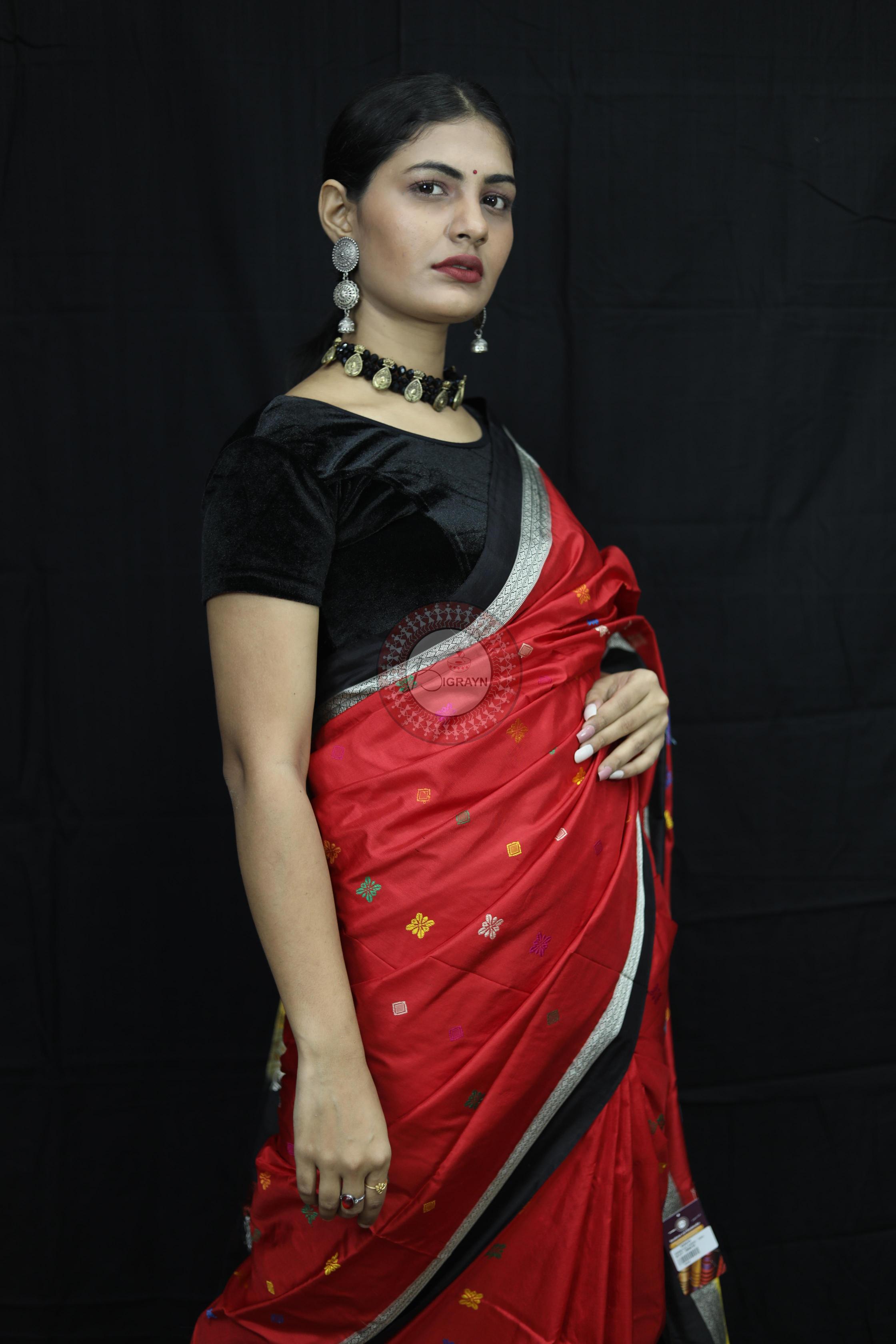 Red Black Teracotta Bomkai Silk Saree Silk Saree