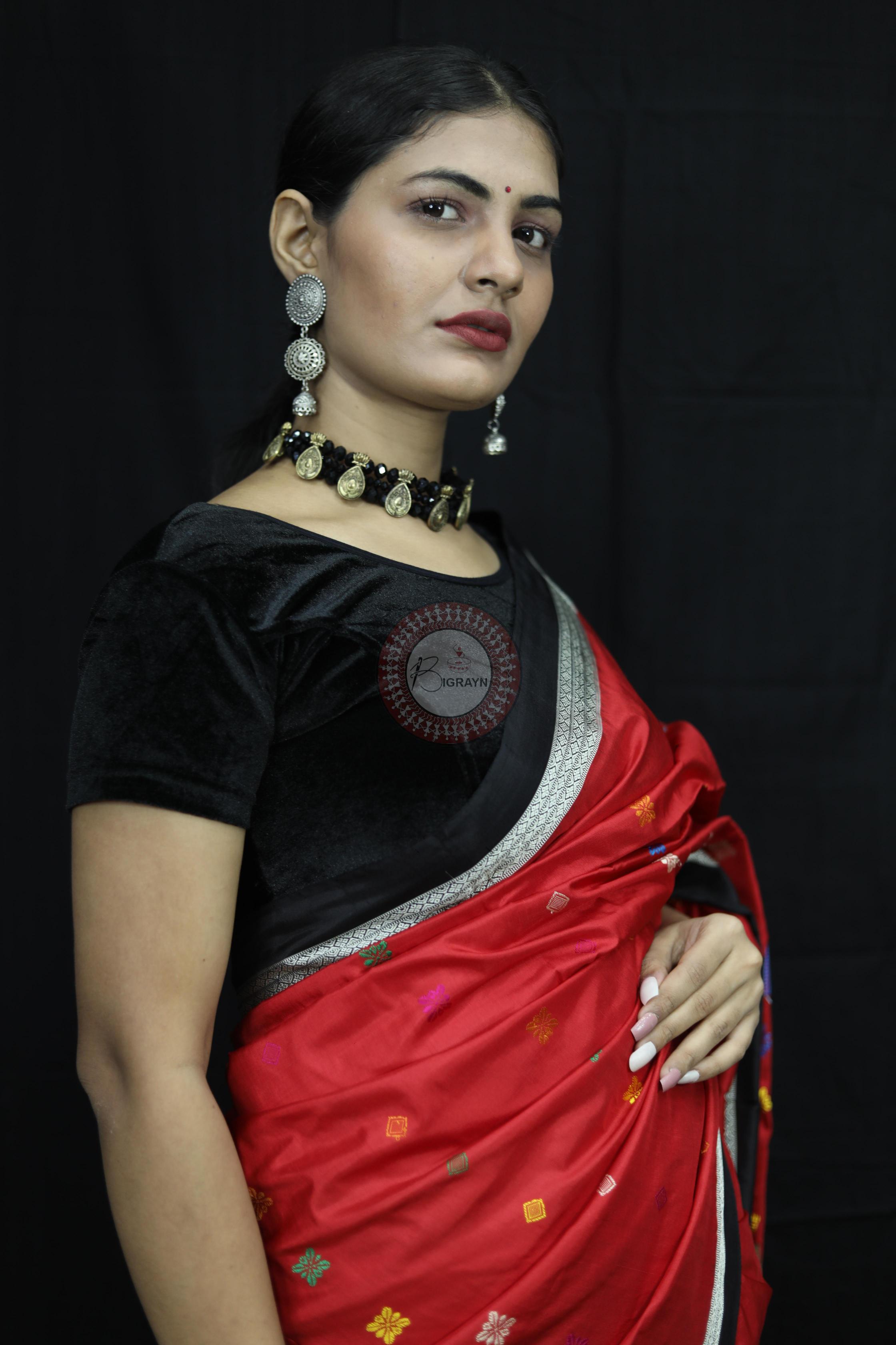 Red Black Teracotta Bomkai Silk Saree Silk Saree
