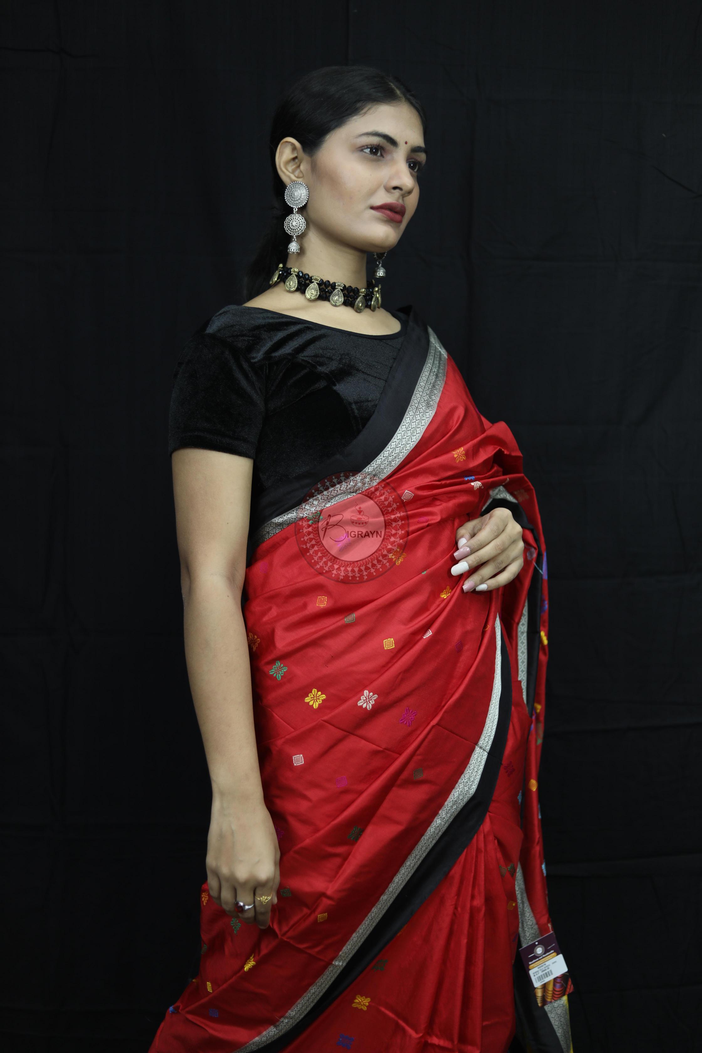 Red Black Teracotta Bomkai Silk Saree Silk Saree