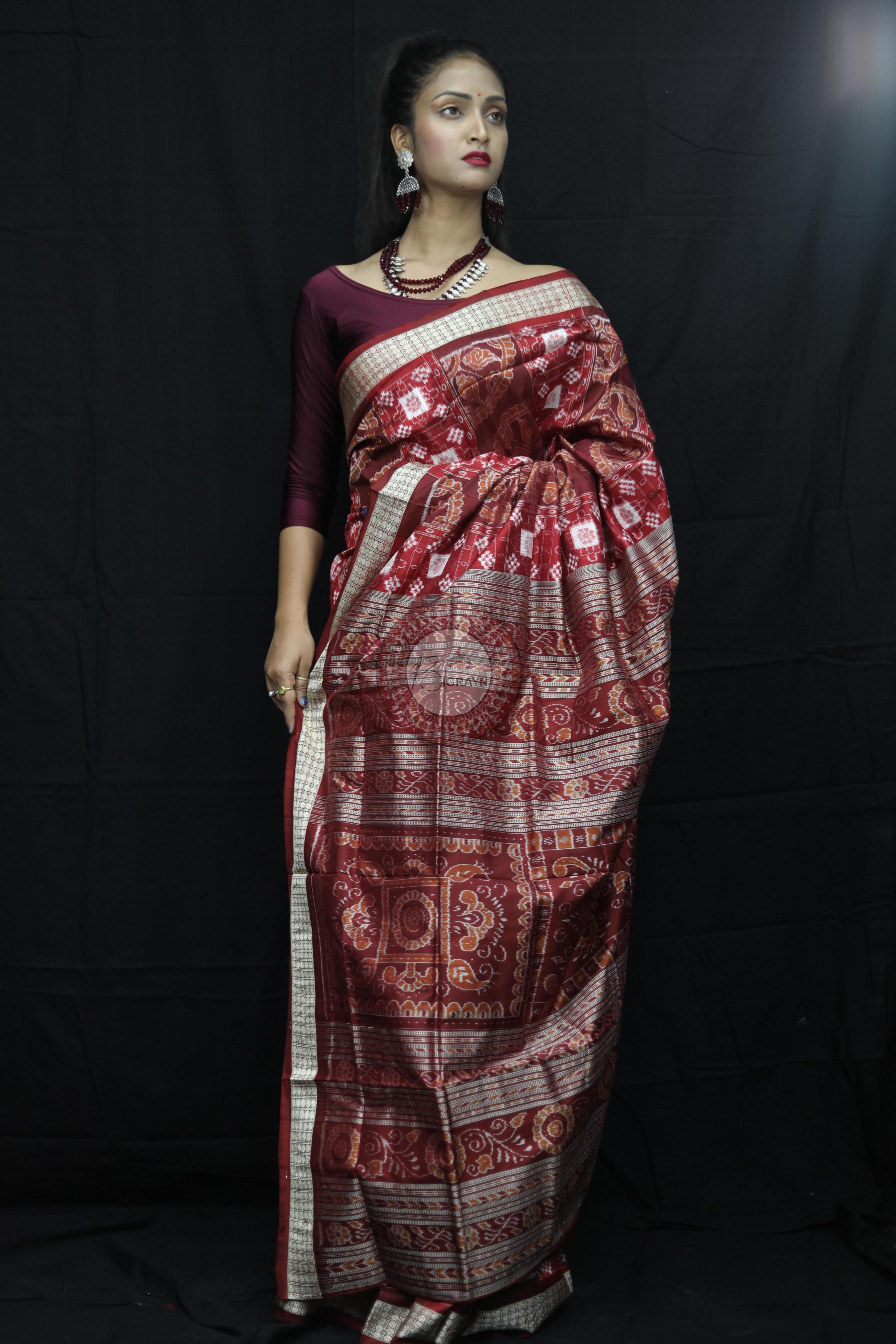 Maroon Pasapali Konark Chakra Sambalpuri Silk Saree