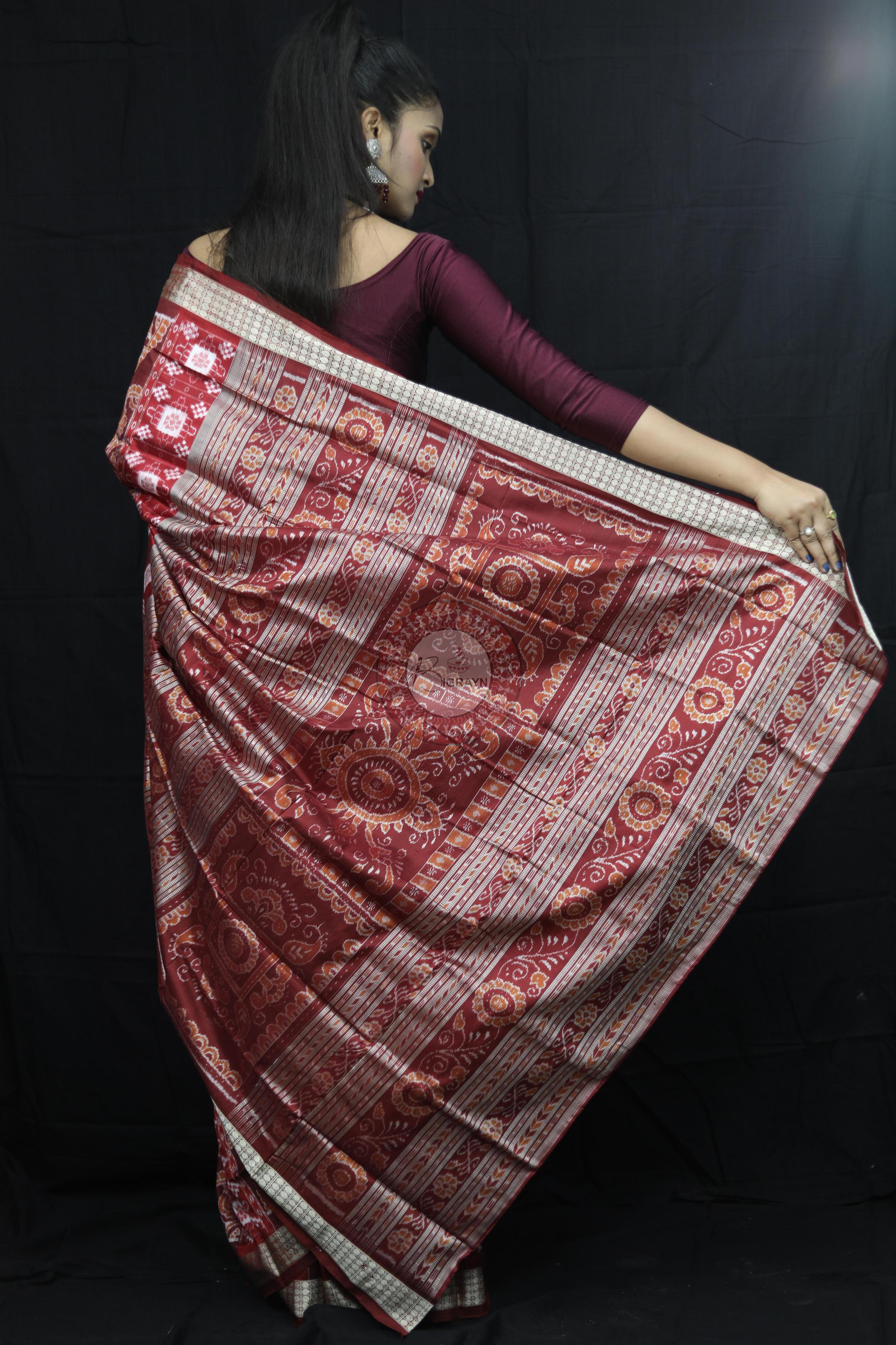Maroon Pasapali Konark Chakra Sambalpuri Silk Saree
