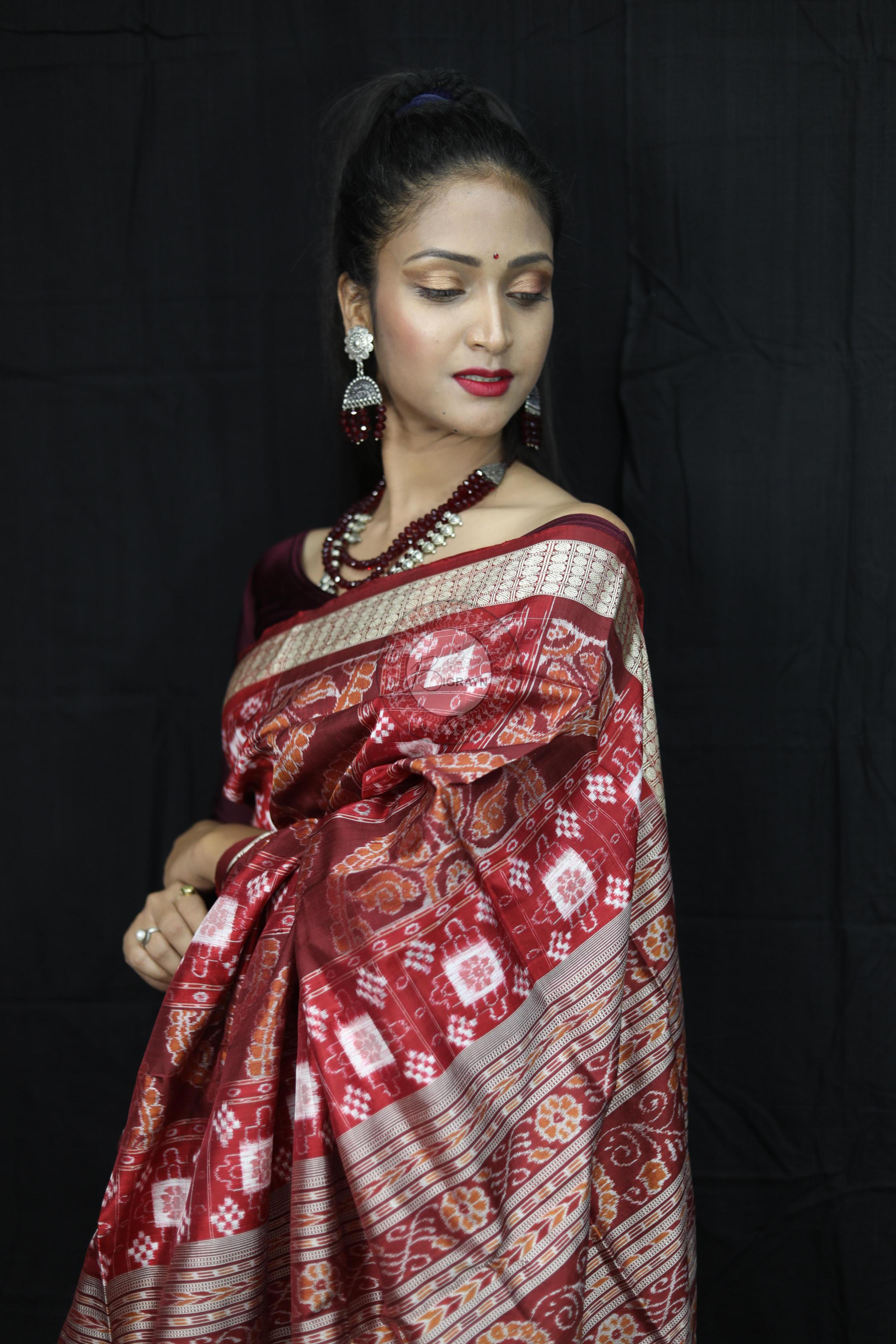 Maroon Pasapali Konark Chakra Sambalpuri Silk Saree