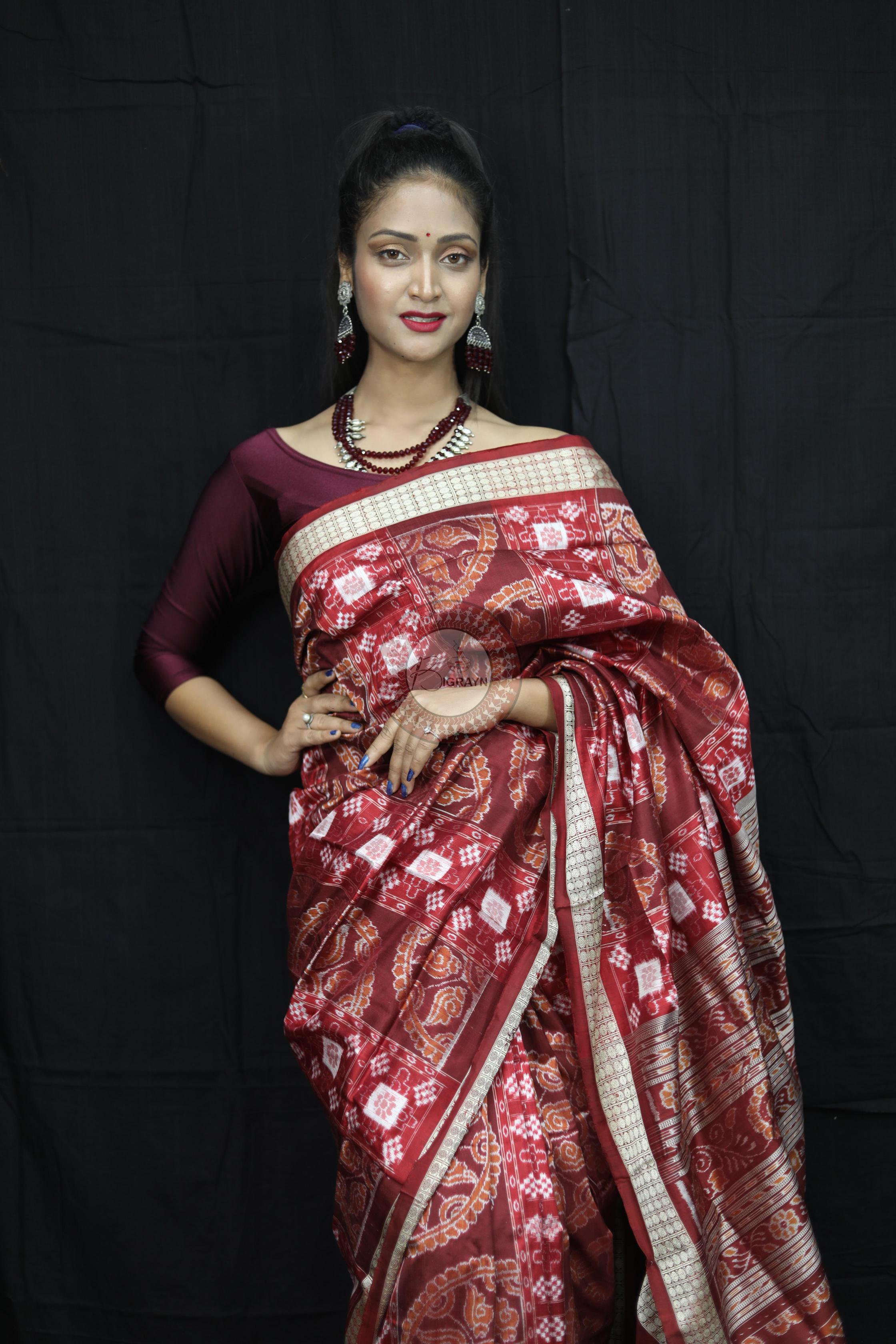 Maroon Pasapali Konark Chakra Sambalpuri Silk Saree