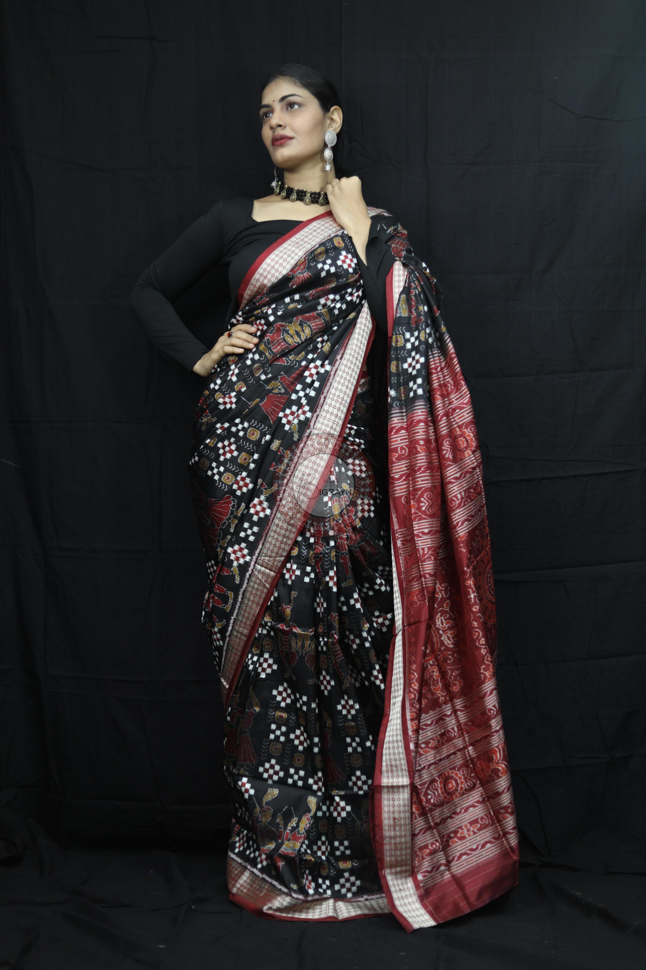 Black Red Pasapali With Dandia Sambalpuri Silk Saree