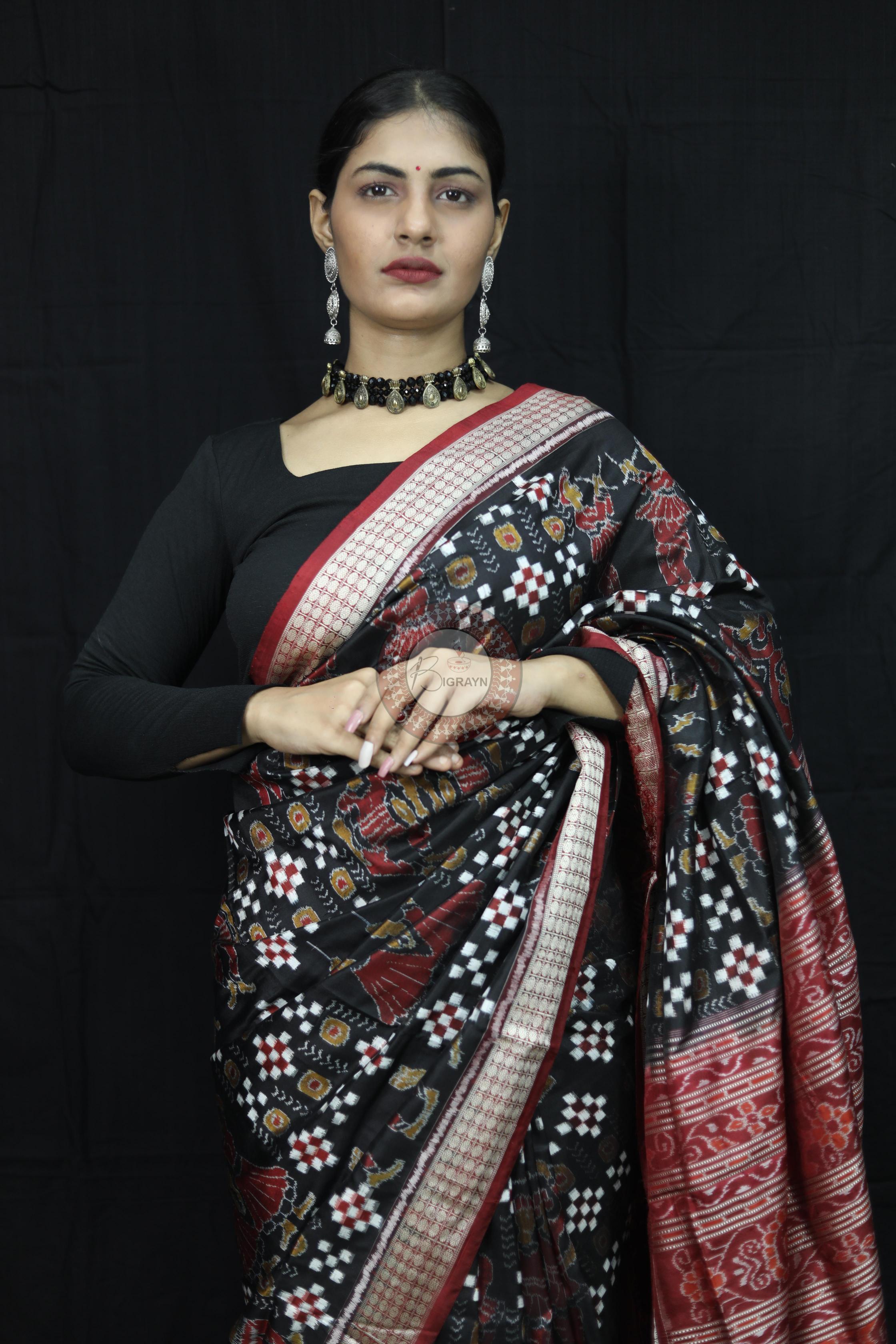Black Red Pasapali With Dandia Sambalpuri Silk Saree