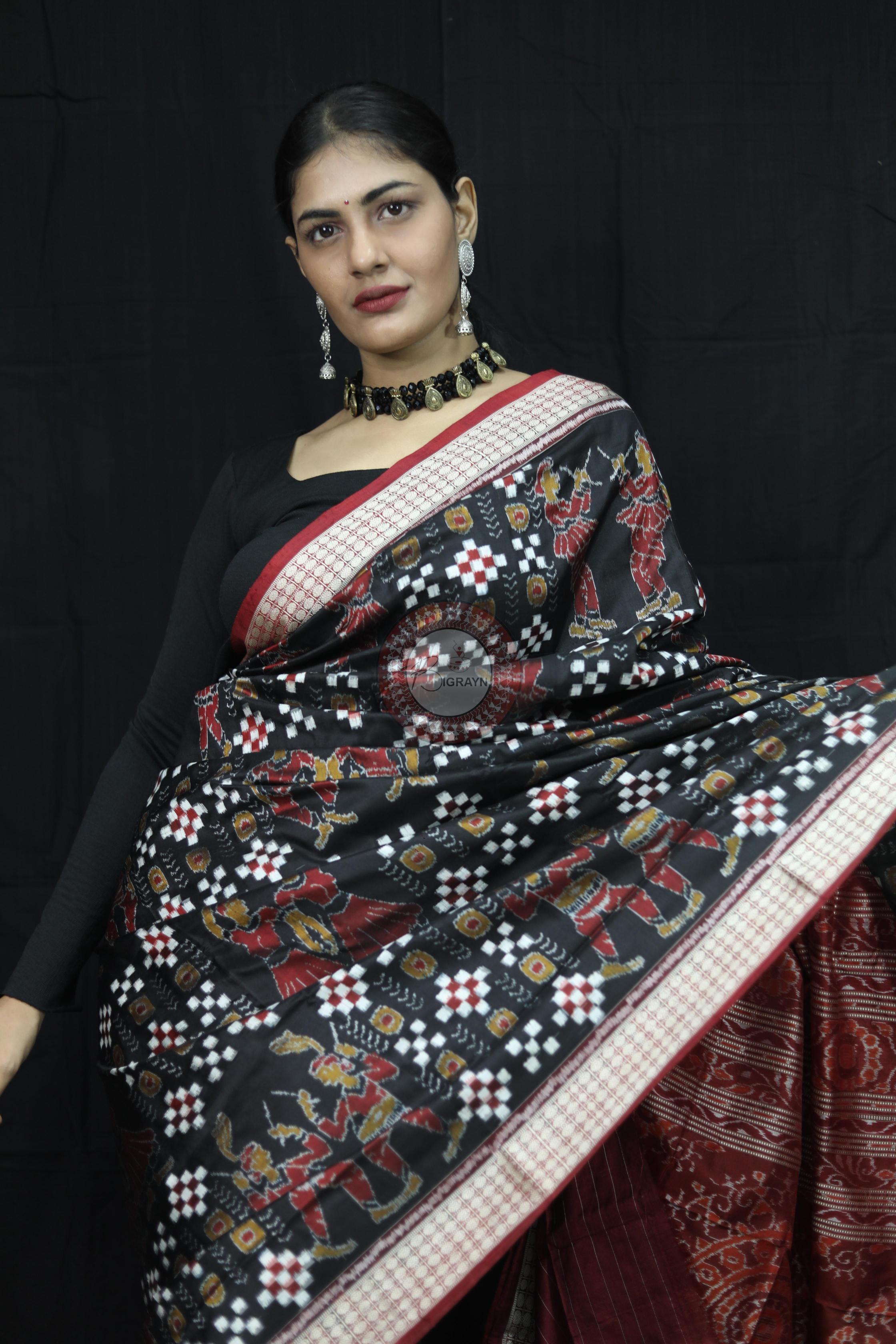 Black Red Pasapali With Dandia Sambalpuri Silk Saree