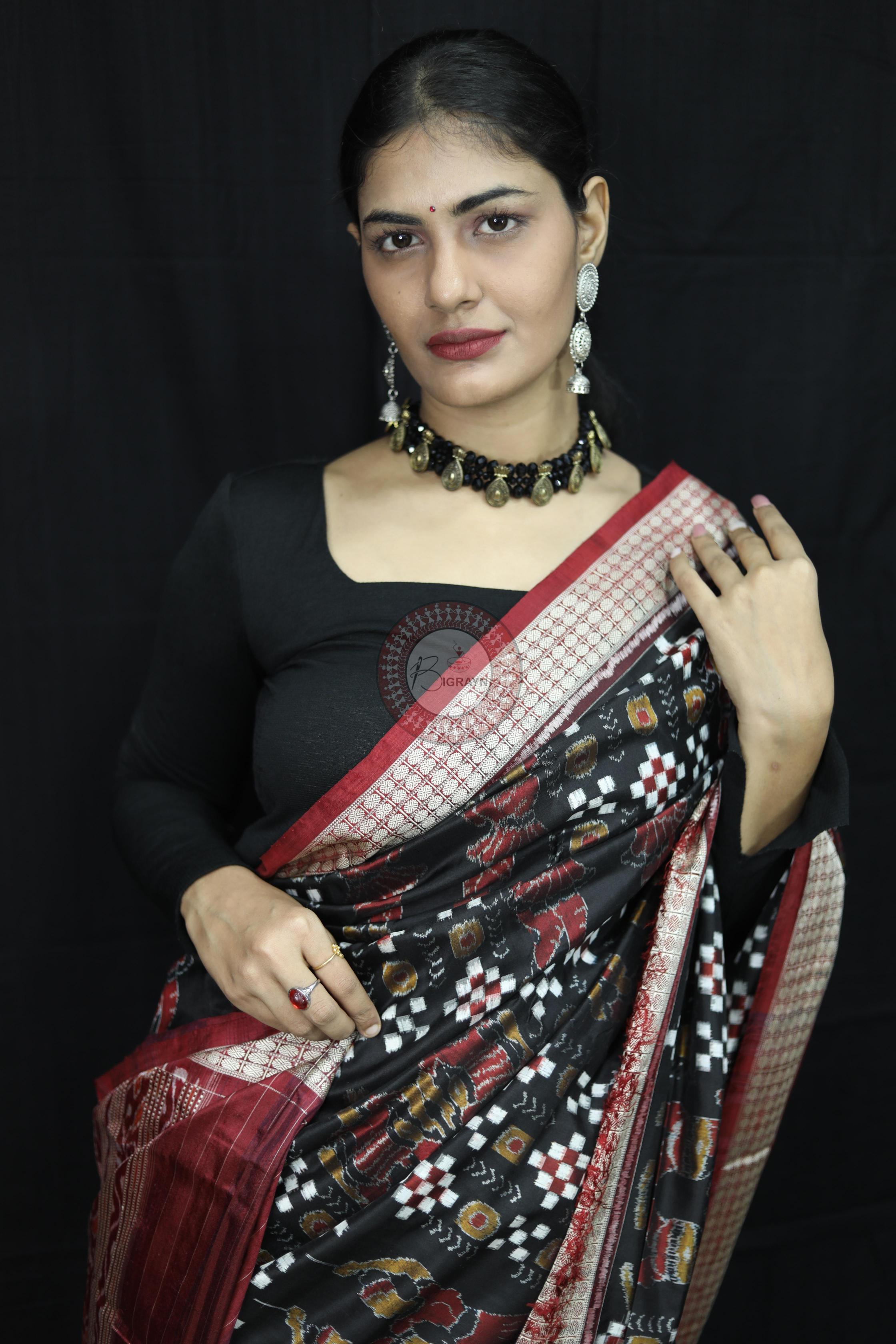 Black Red Pasapali With Dandia Sambalpuri Silk Saree