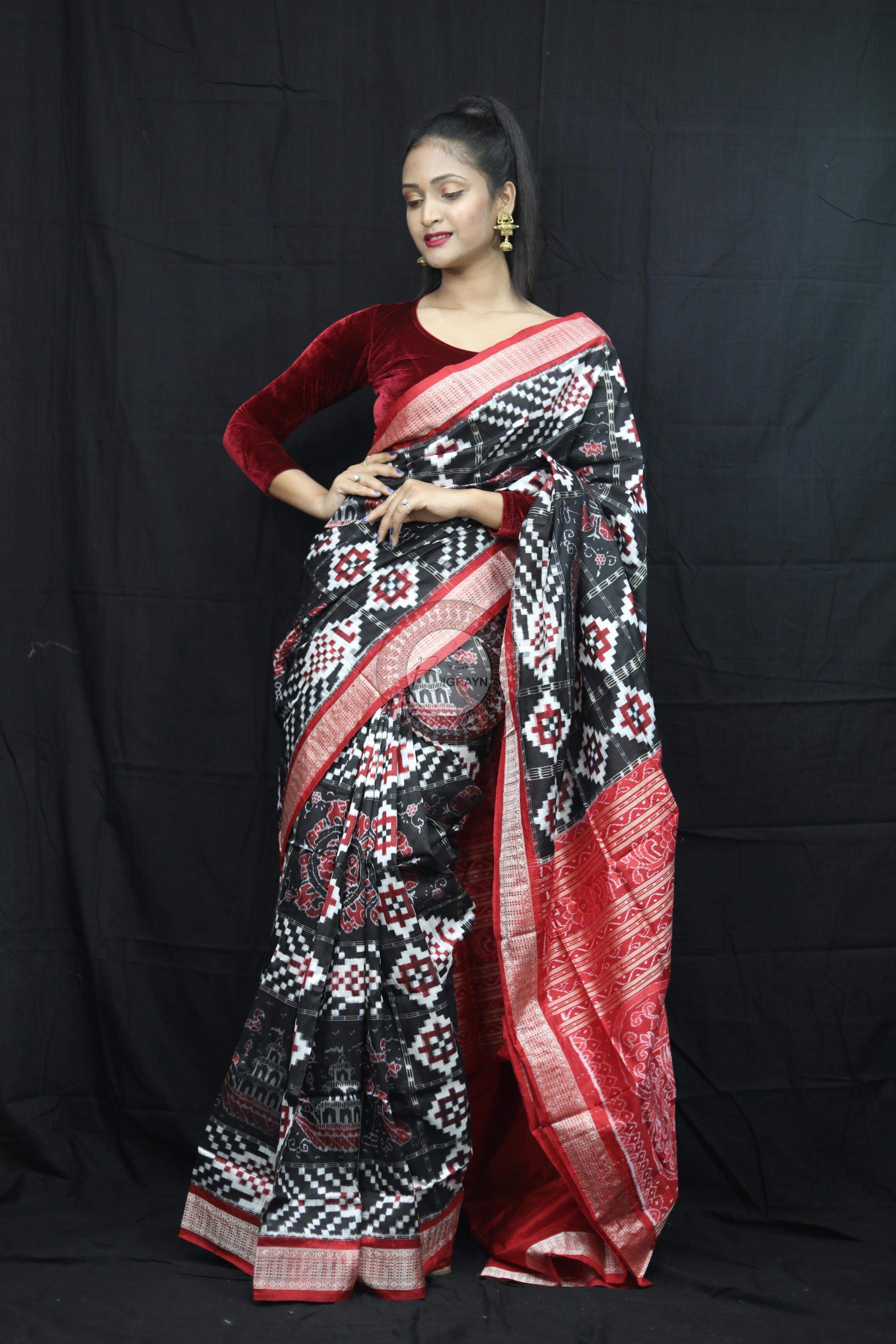 Black Red Fish Pattern Pasapali Sambalpuri Silk Saree
